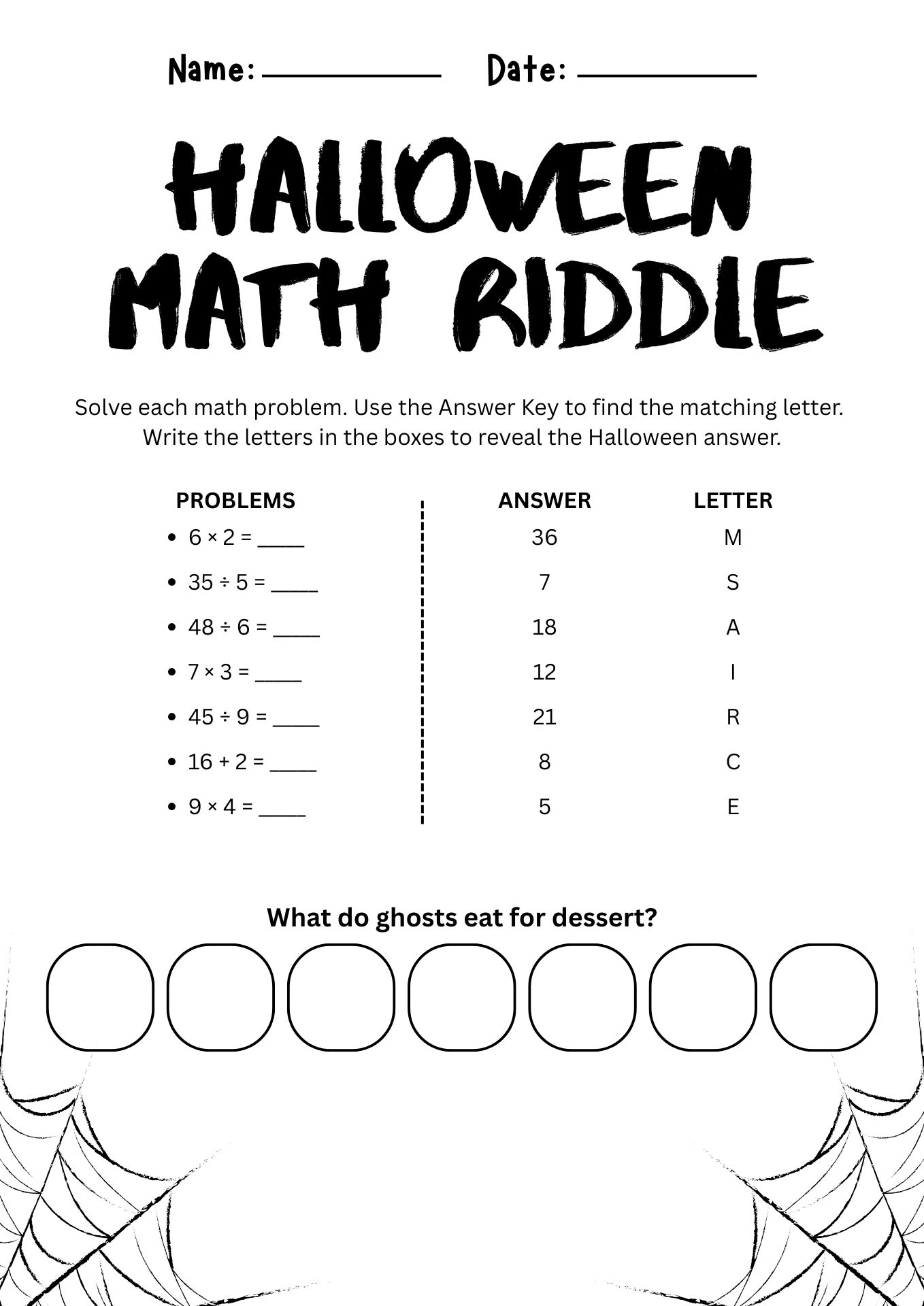 Halloween Math Riddle Worksheets for Middle School