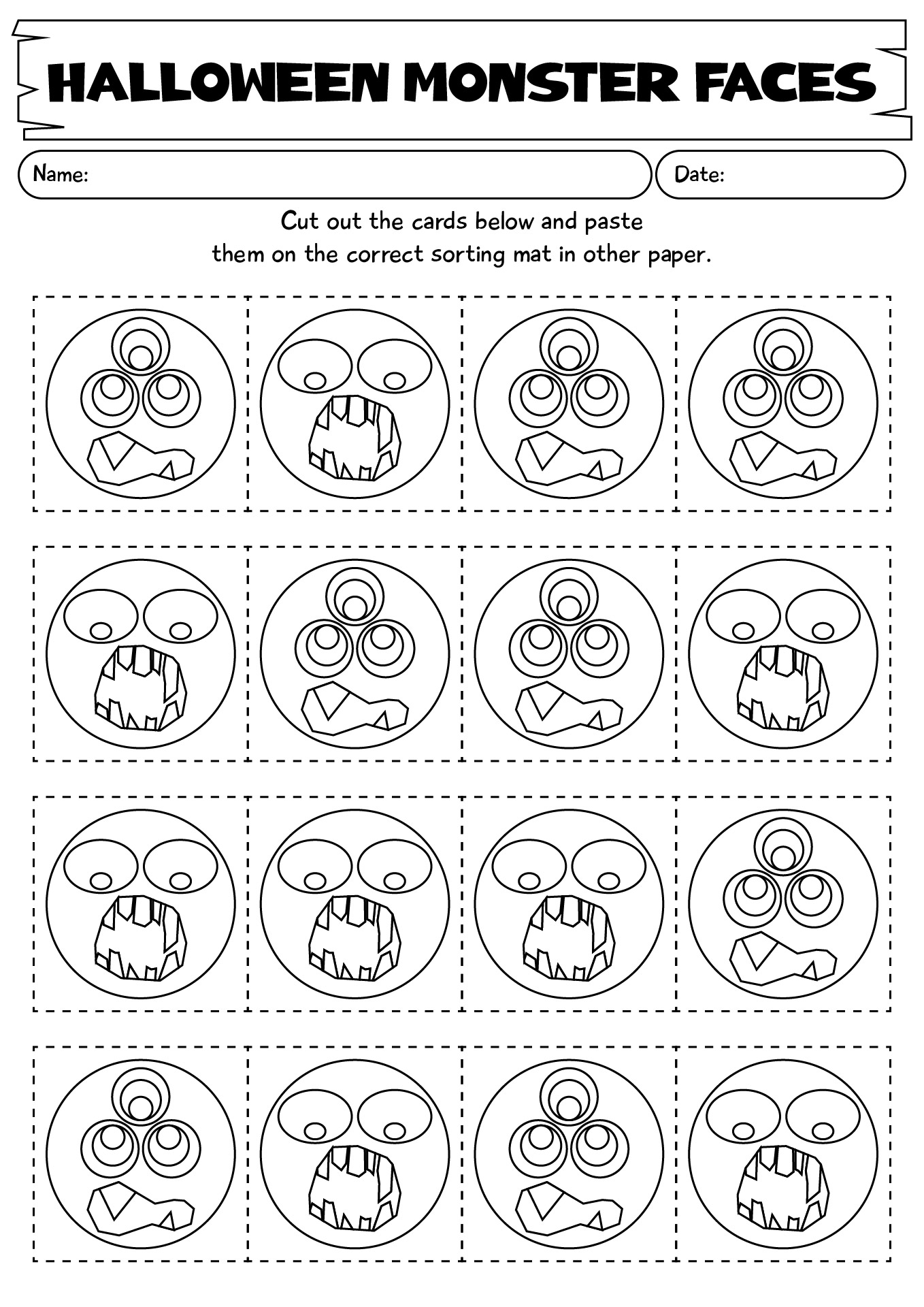 Halloween Monster Faces Color Sorting Mats And Worksheets