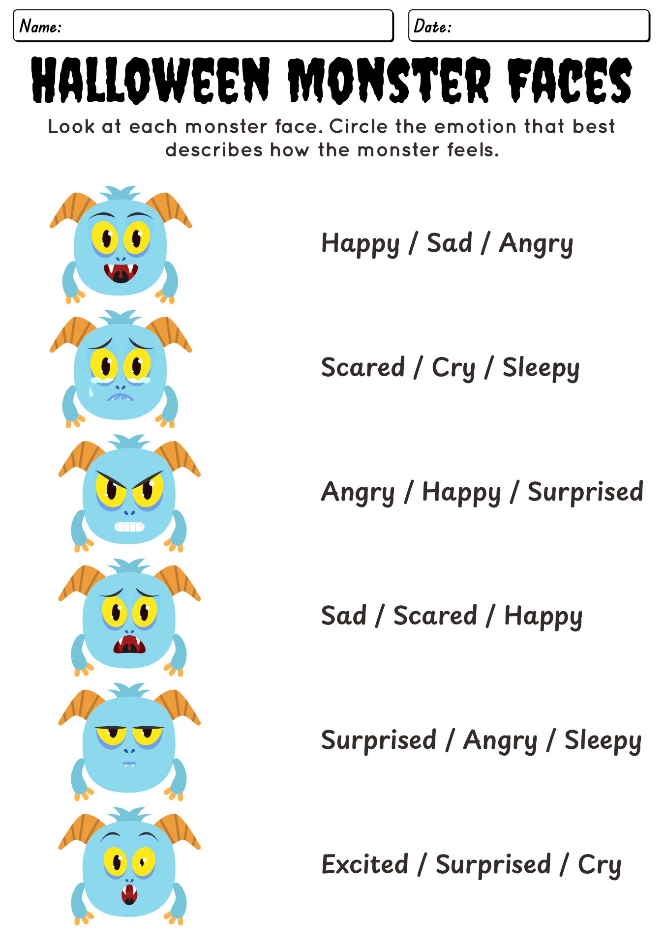 Halloween Monster Faces Emotion Identification Worksheets