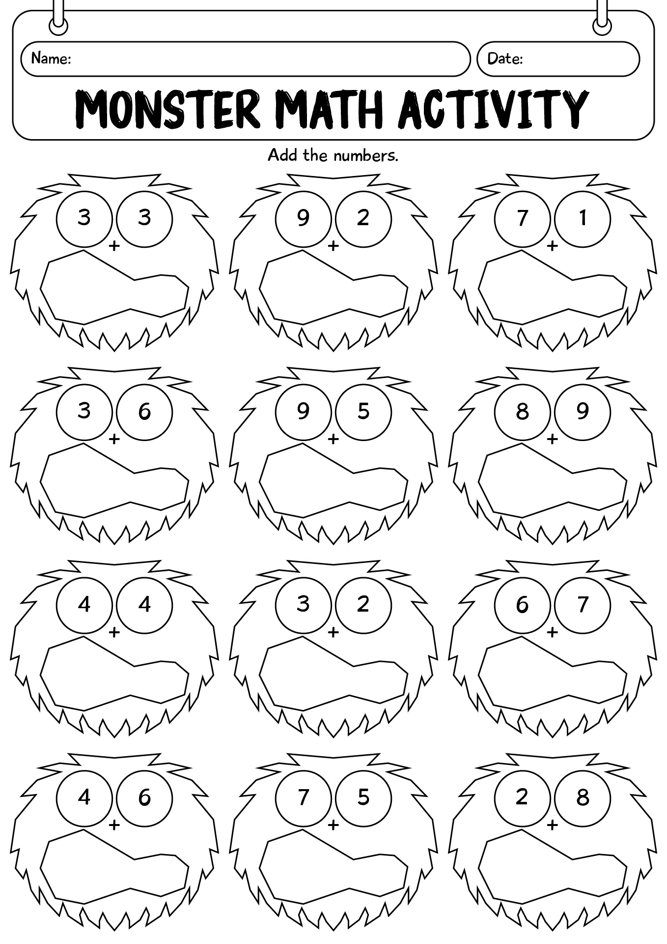 Halloween Monster Math Activity Worksheet