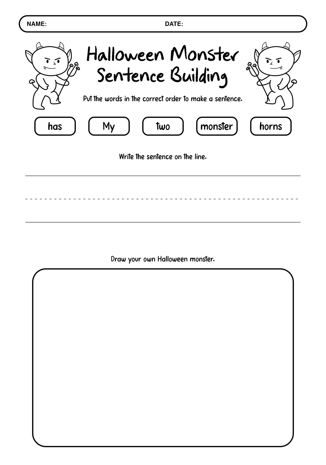 Halloween Monster Sentence Building Worksheets