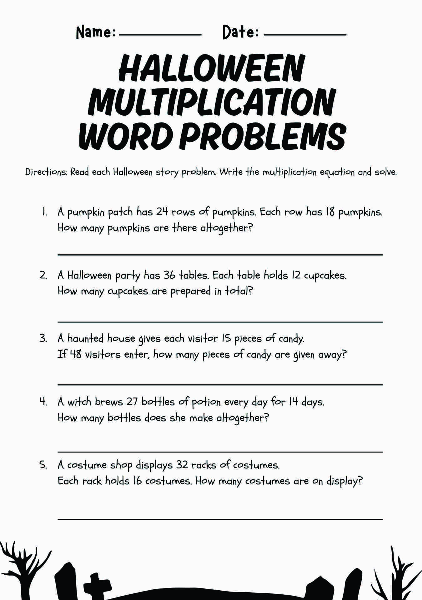 Halloween Multiplication Word Problems for 4th Grade