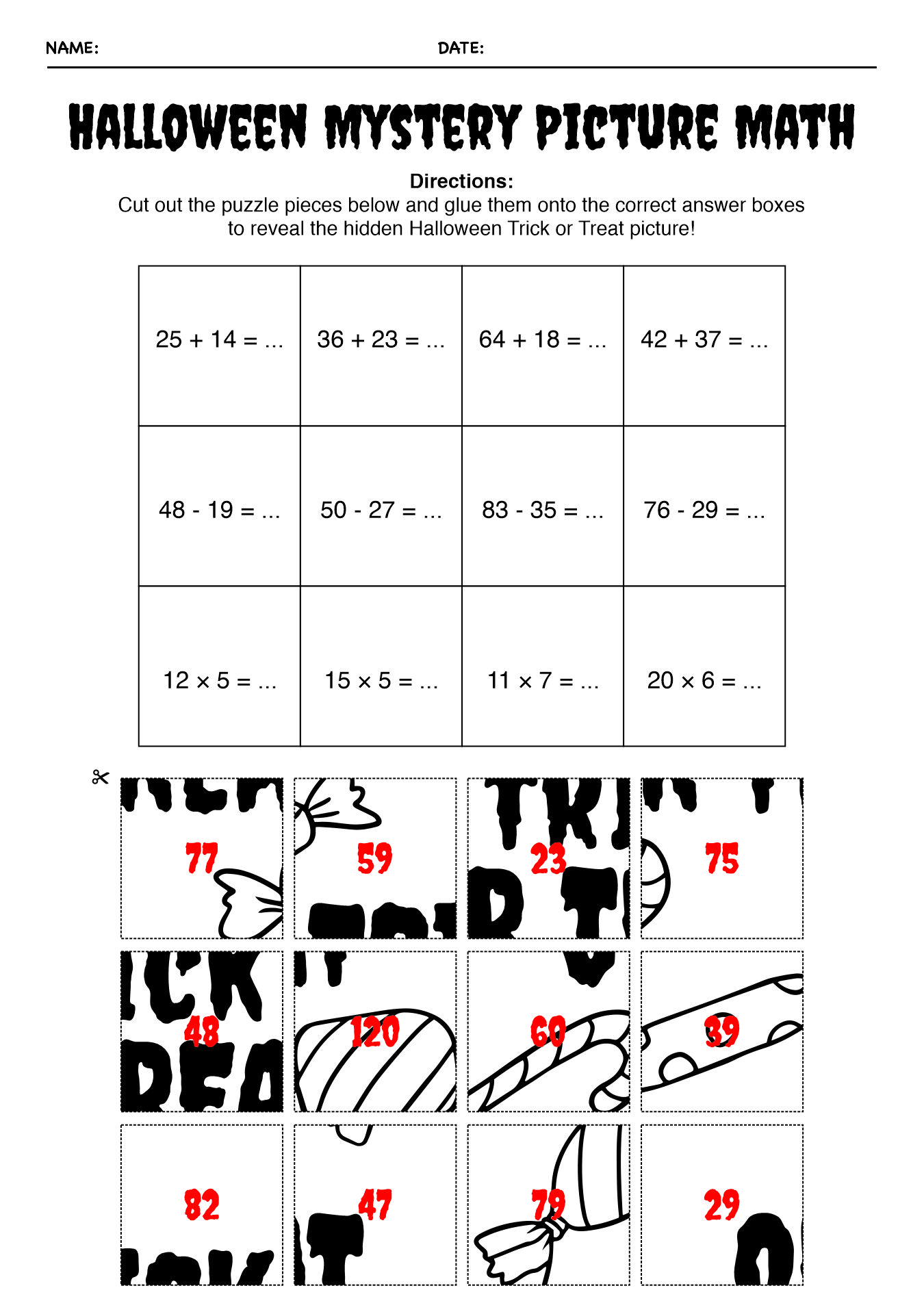 Halloween Picture Puzzle for Math Worksheet