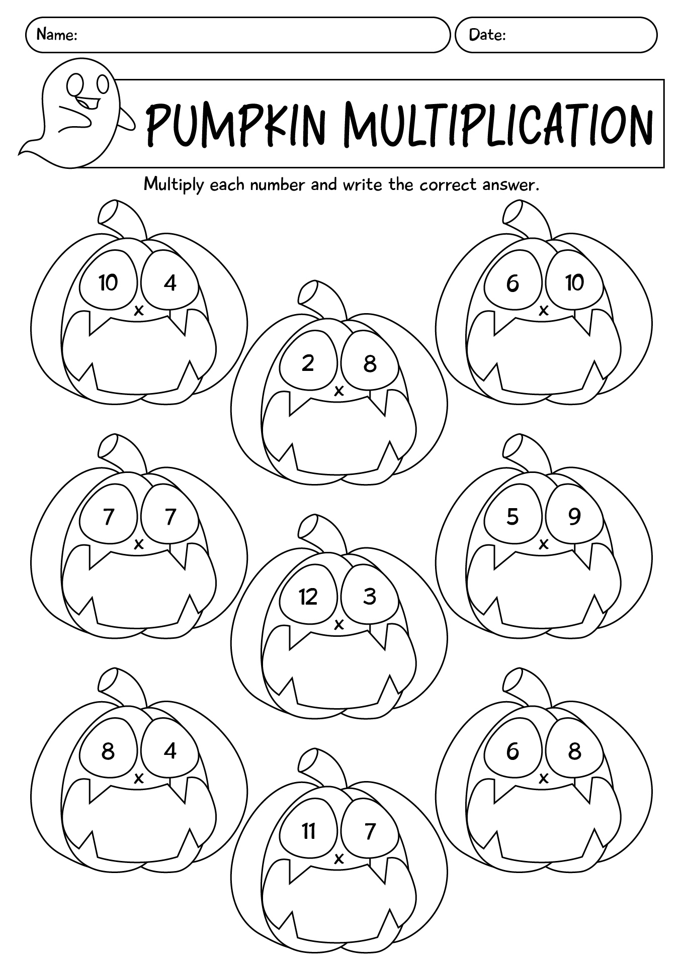 Halloween Pumpkin Multiplication Worksheet