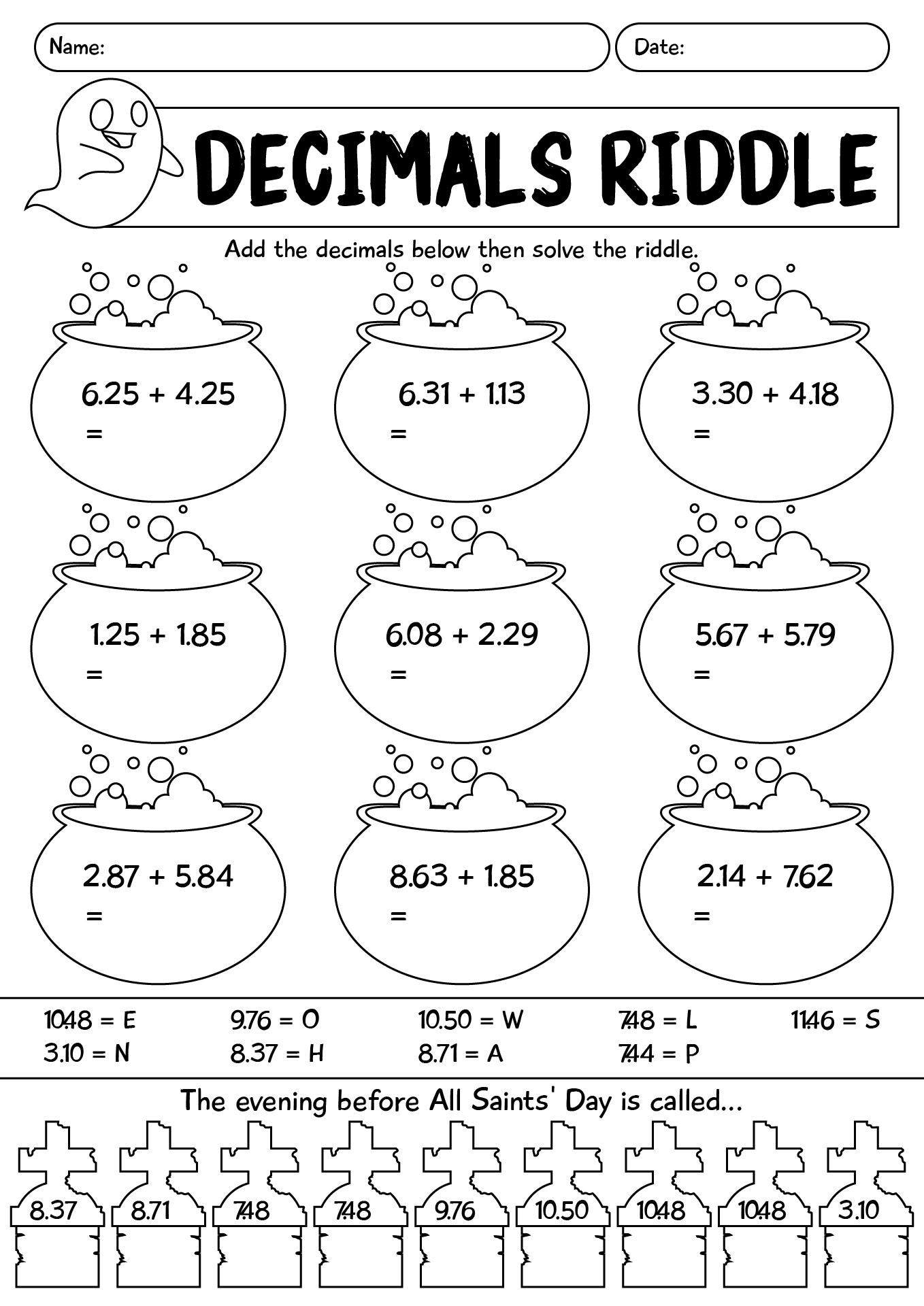 Halloween Riddle Math Decimals Worksheet