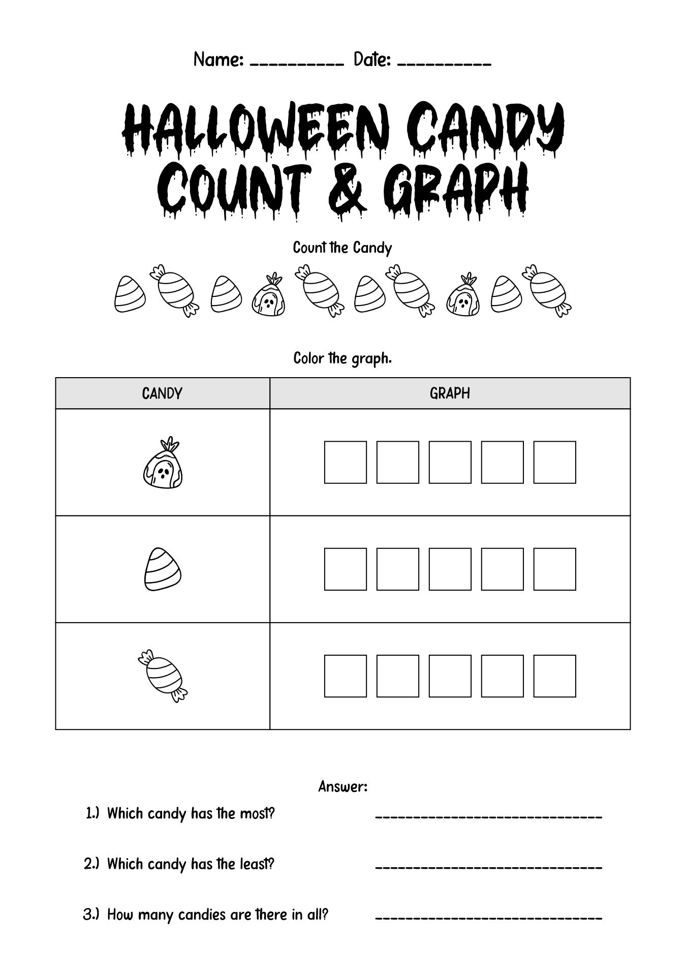 Halloween Theme Candy Count Graph Worksheets for First Graders