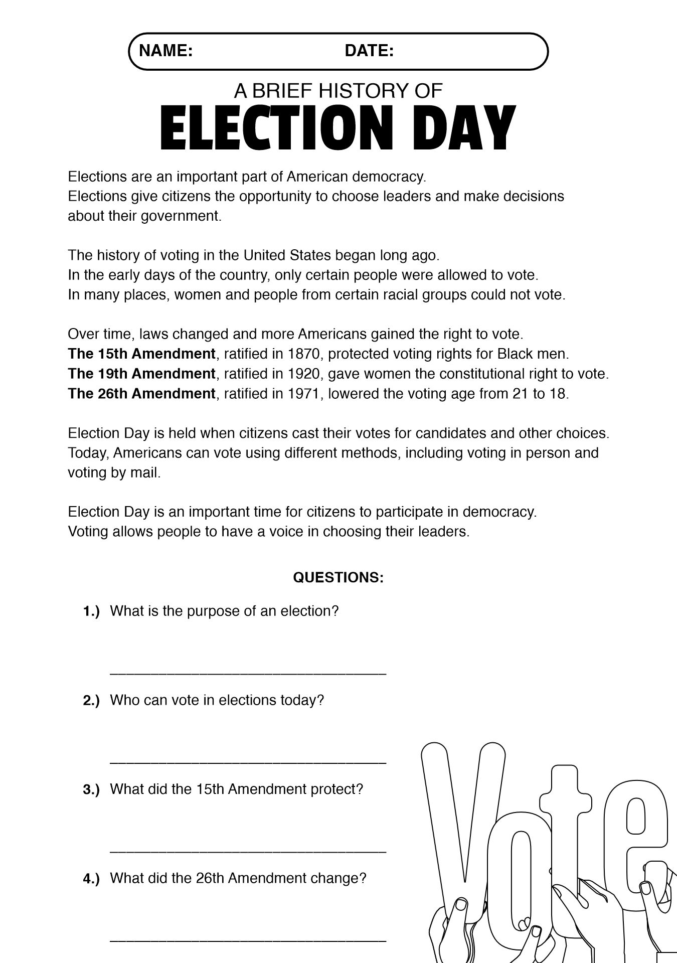 History of Election Day Worksheet for Students