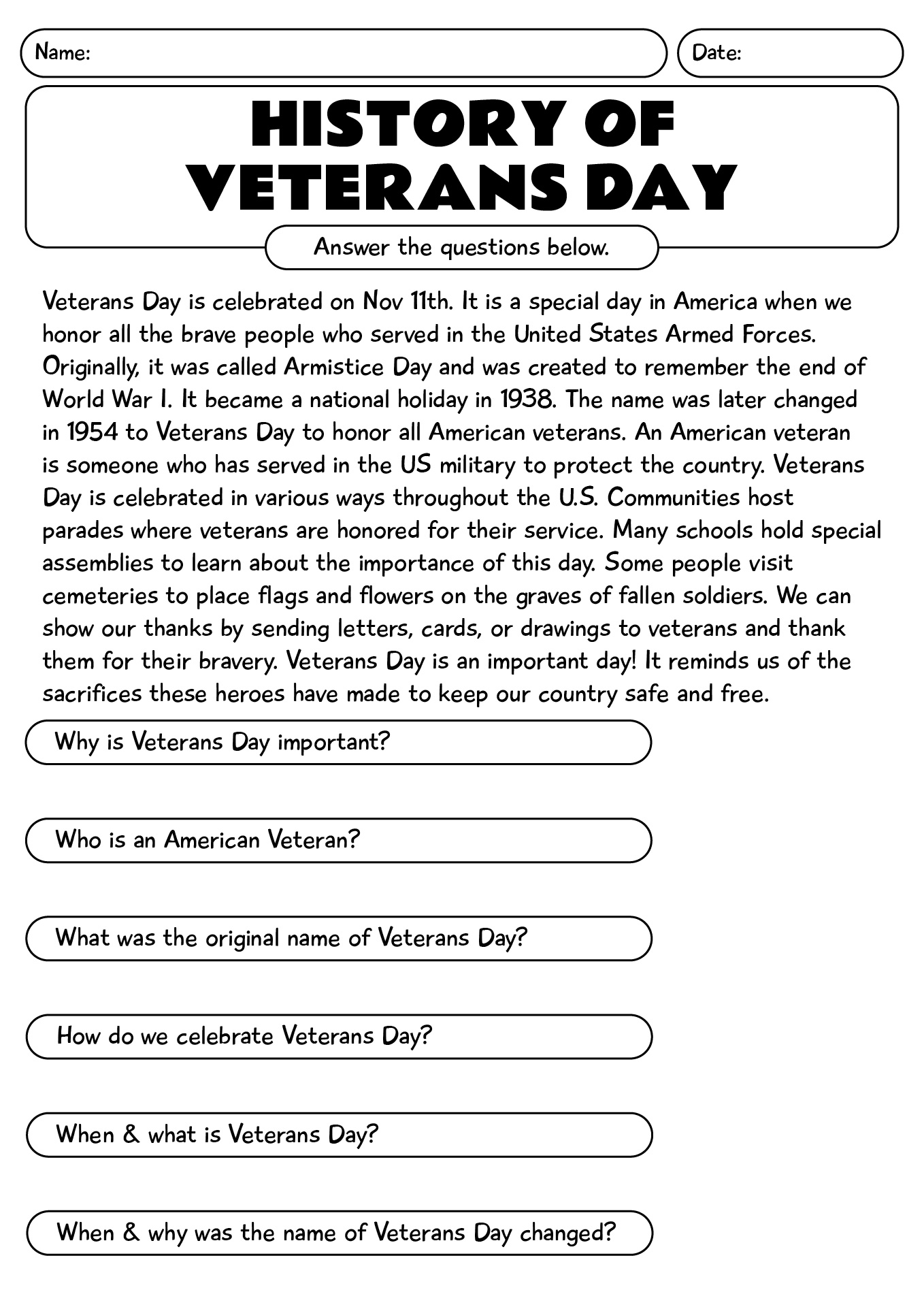 History Of Veterans Day Worksheet For Students
