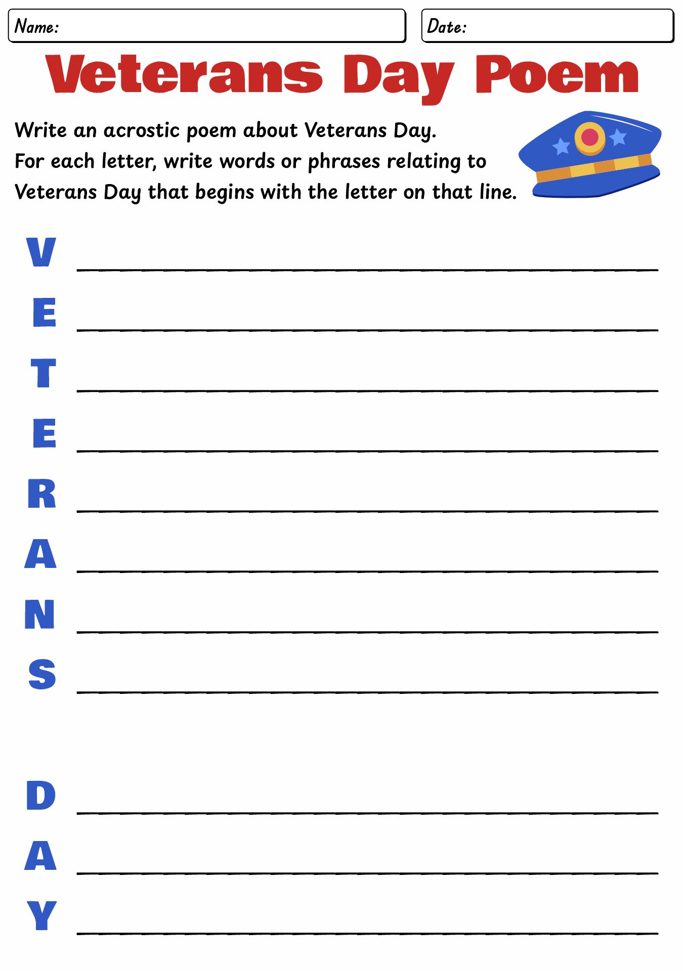 Honoring The Veterans Worksheet