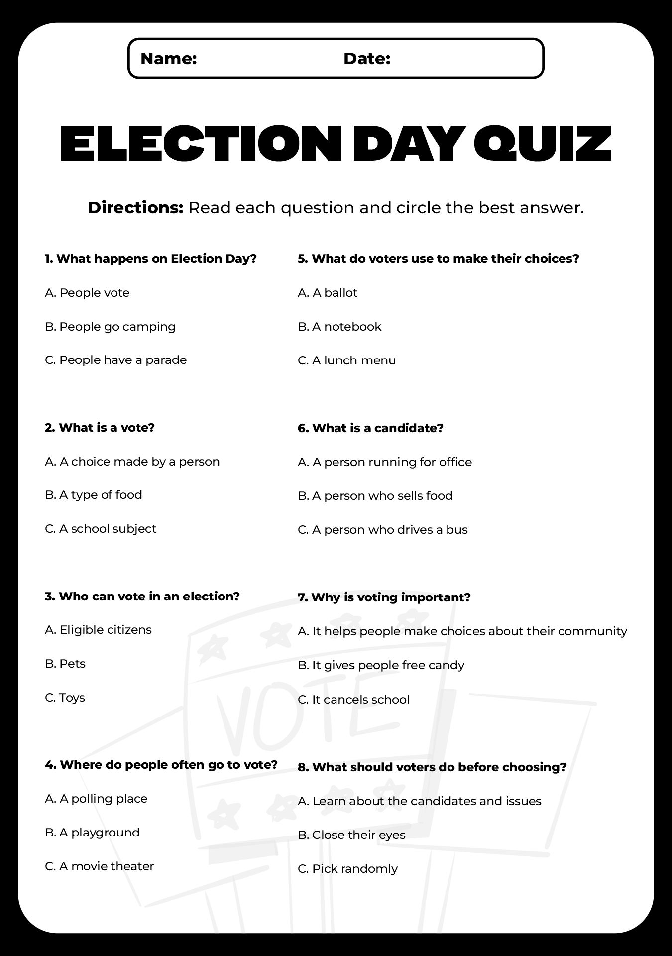 Interactive Election Day Quiz Worksheets for Students