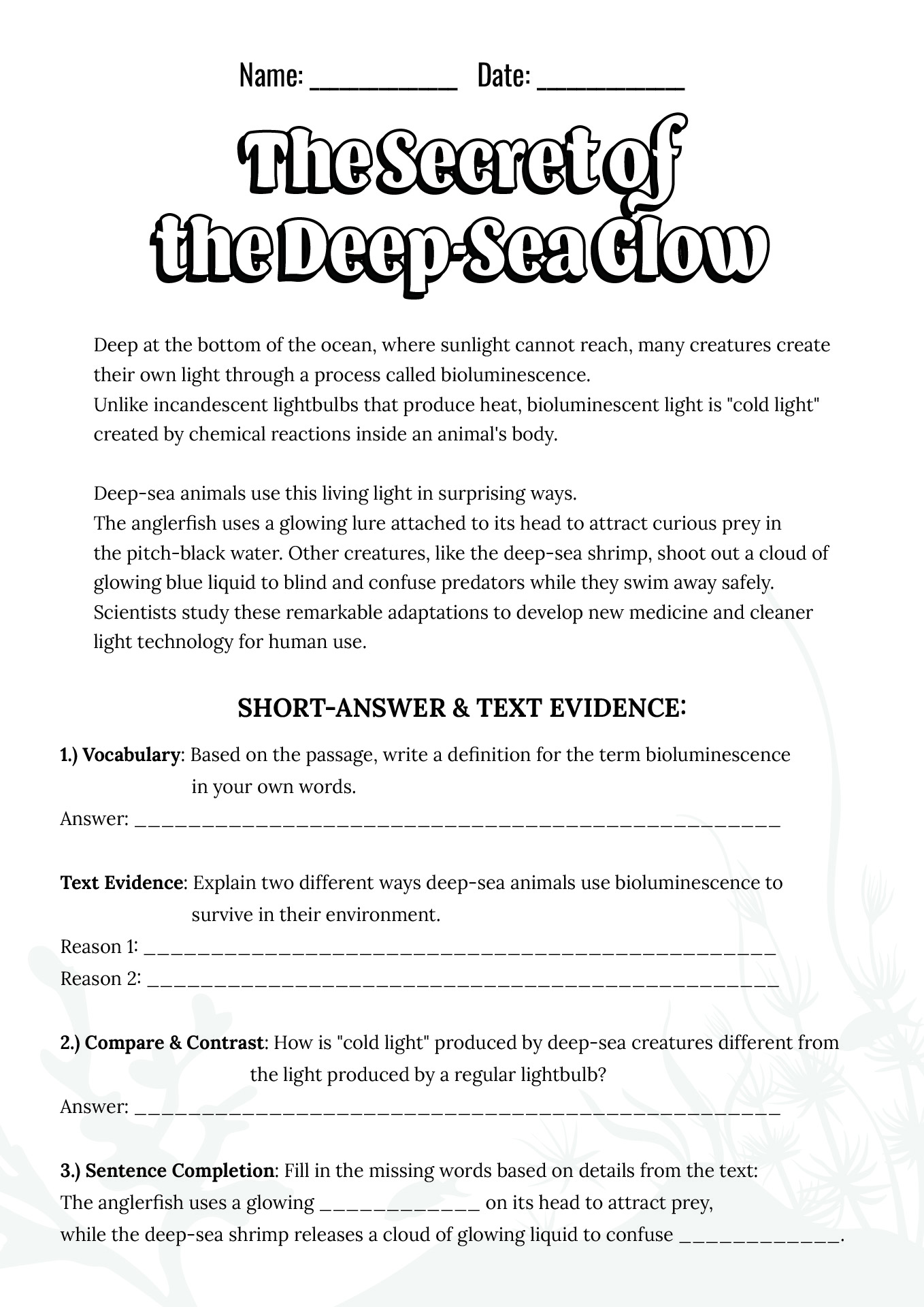 Interactive English 4th Grade Reading Comprehension Worksheets with Questions
