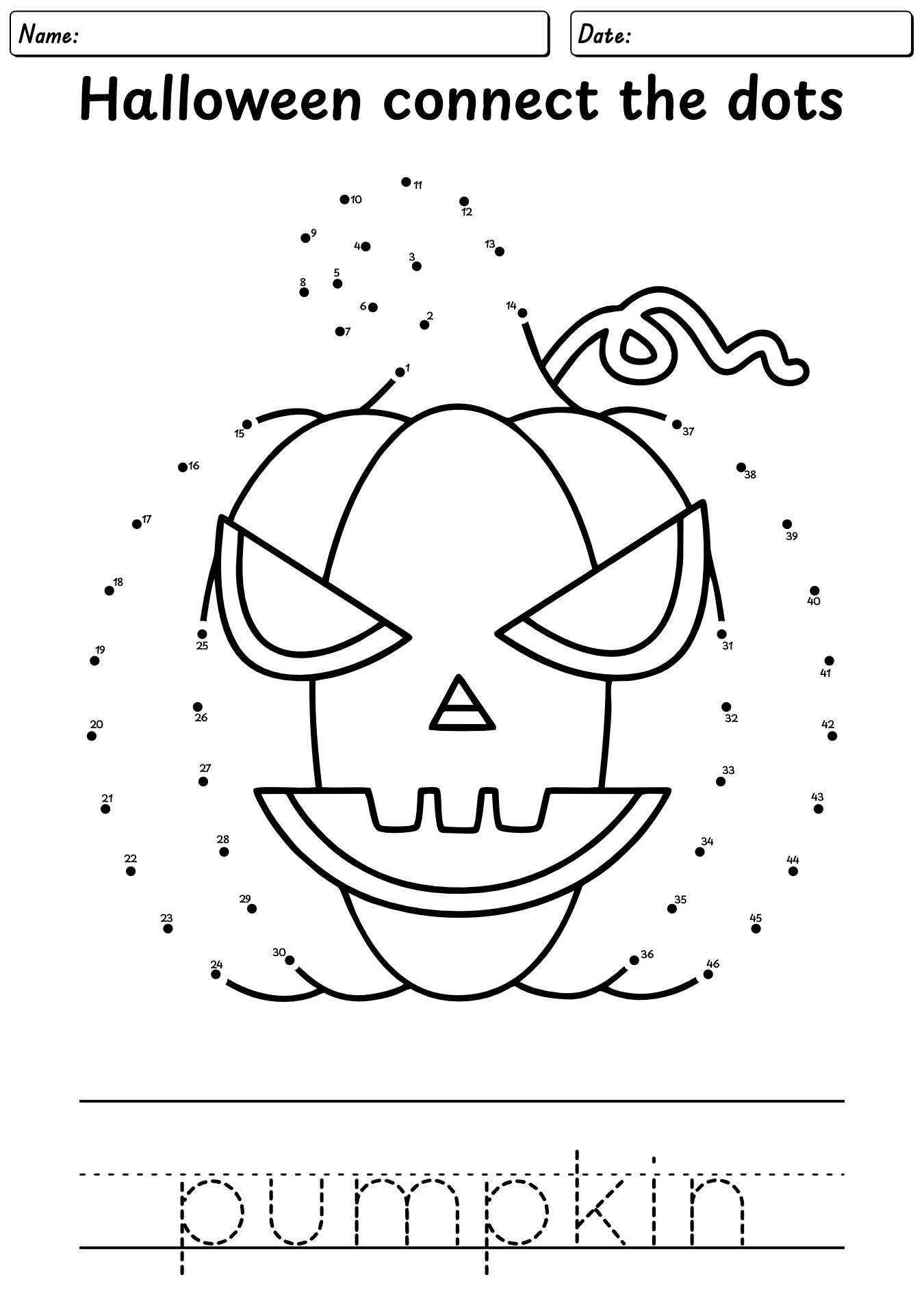 Kindergarten Halloween Pumpkin Connect the Dots Sheets