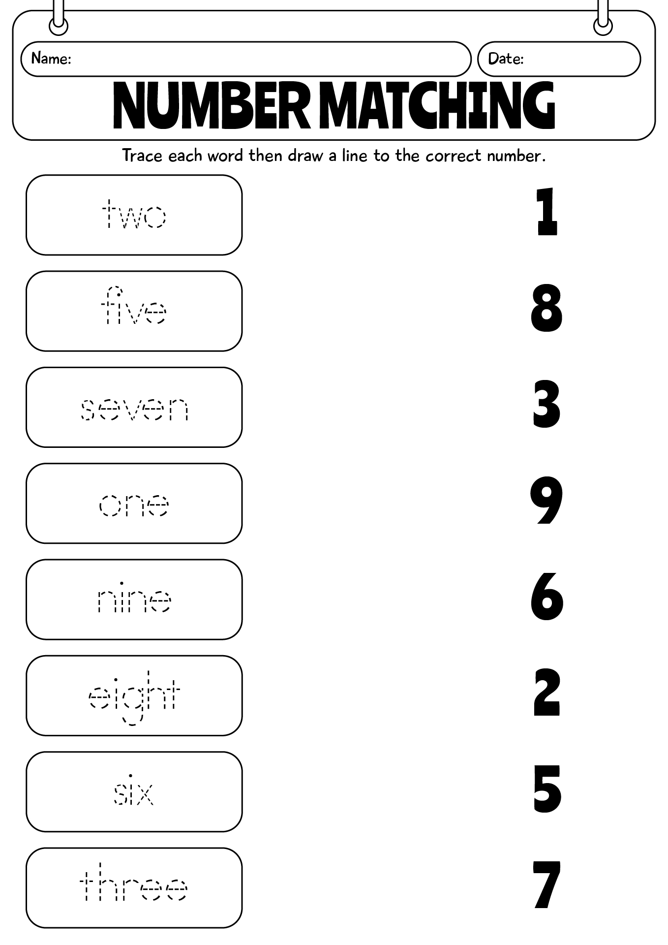 Kindergarten Number Matching Worksheet