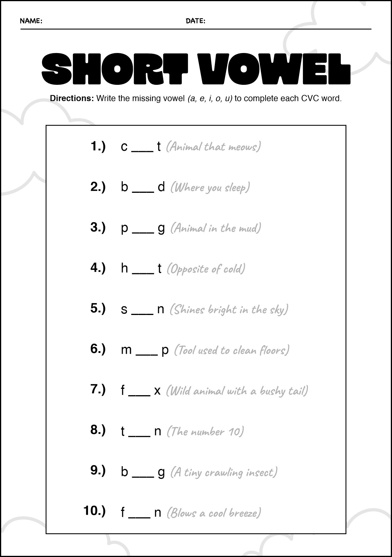 Kindergarten Phonics Worksheets for Vowel Sounds