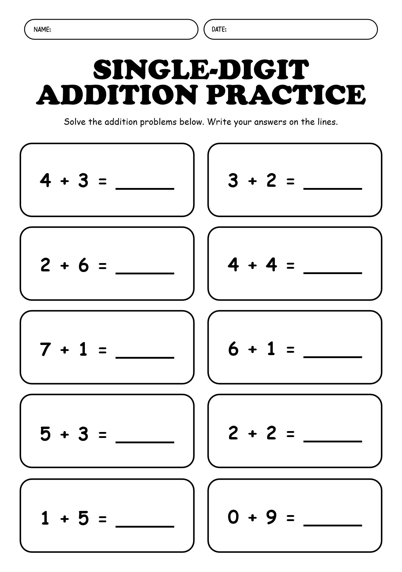 Kindergarten Single Digit Addition Worksheets