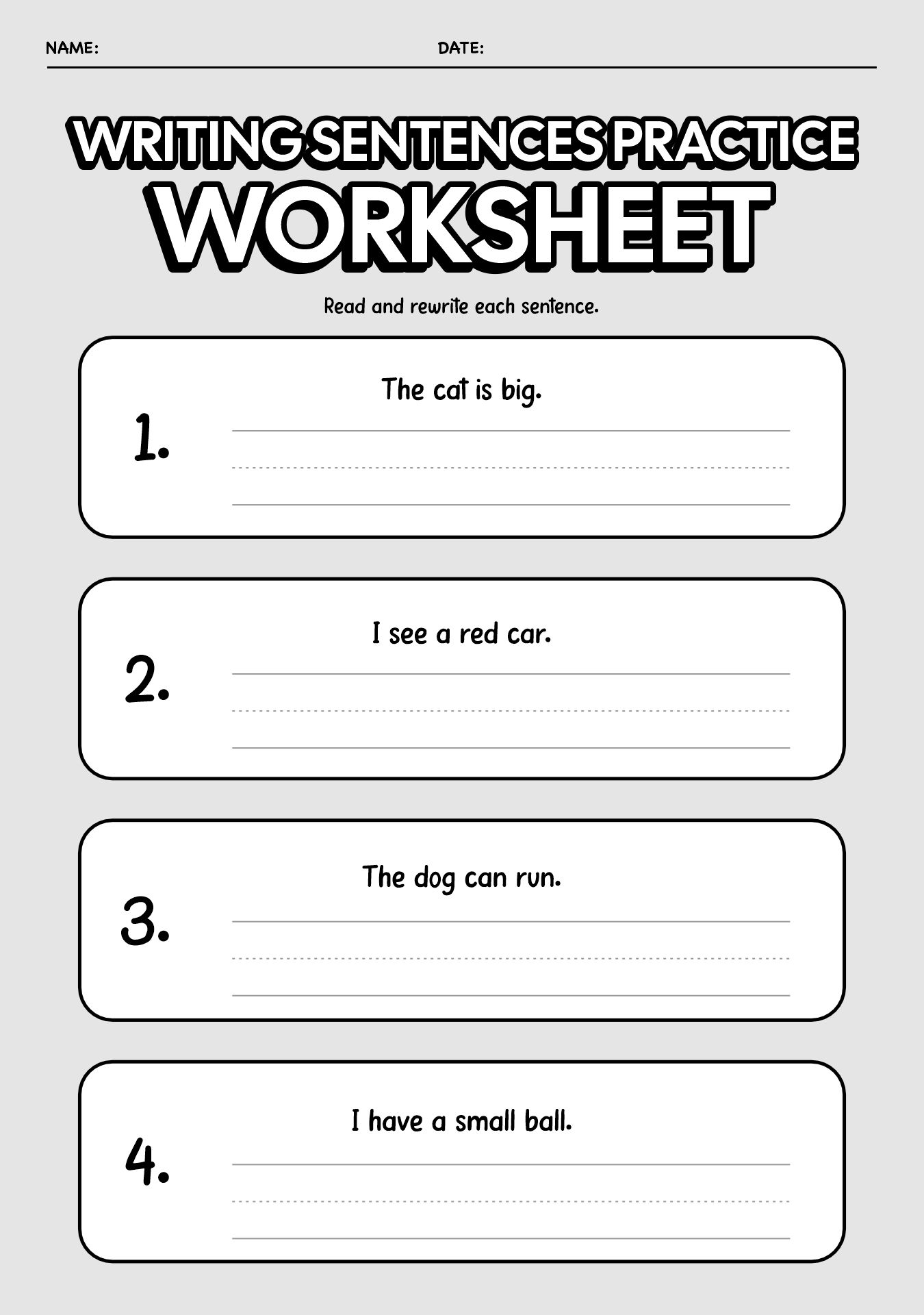 Kindergarten Writing Sentences Practice Sheets