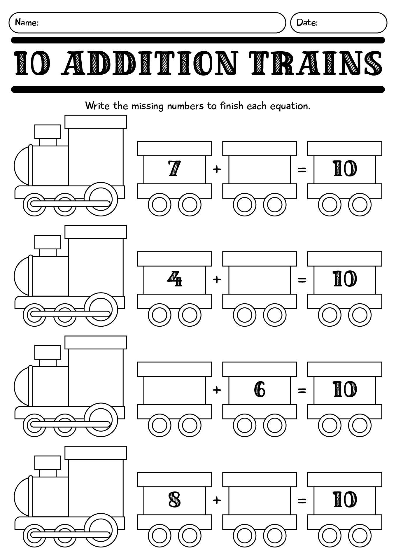 Lets Make 10 Addition Trains Worksheet