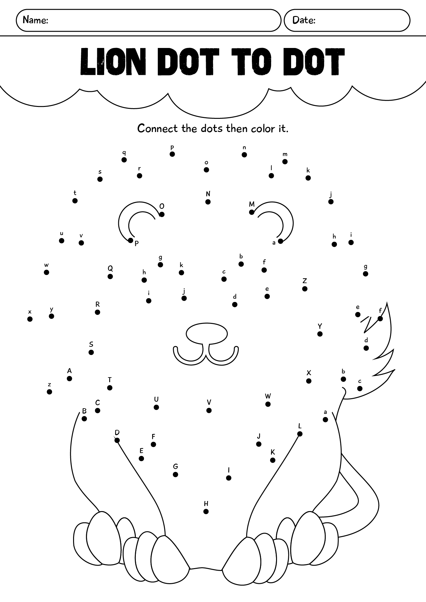 Lion Alphabet Dot To Dot Worksheet