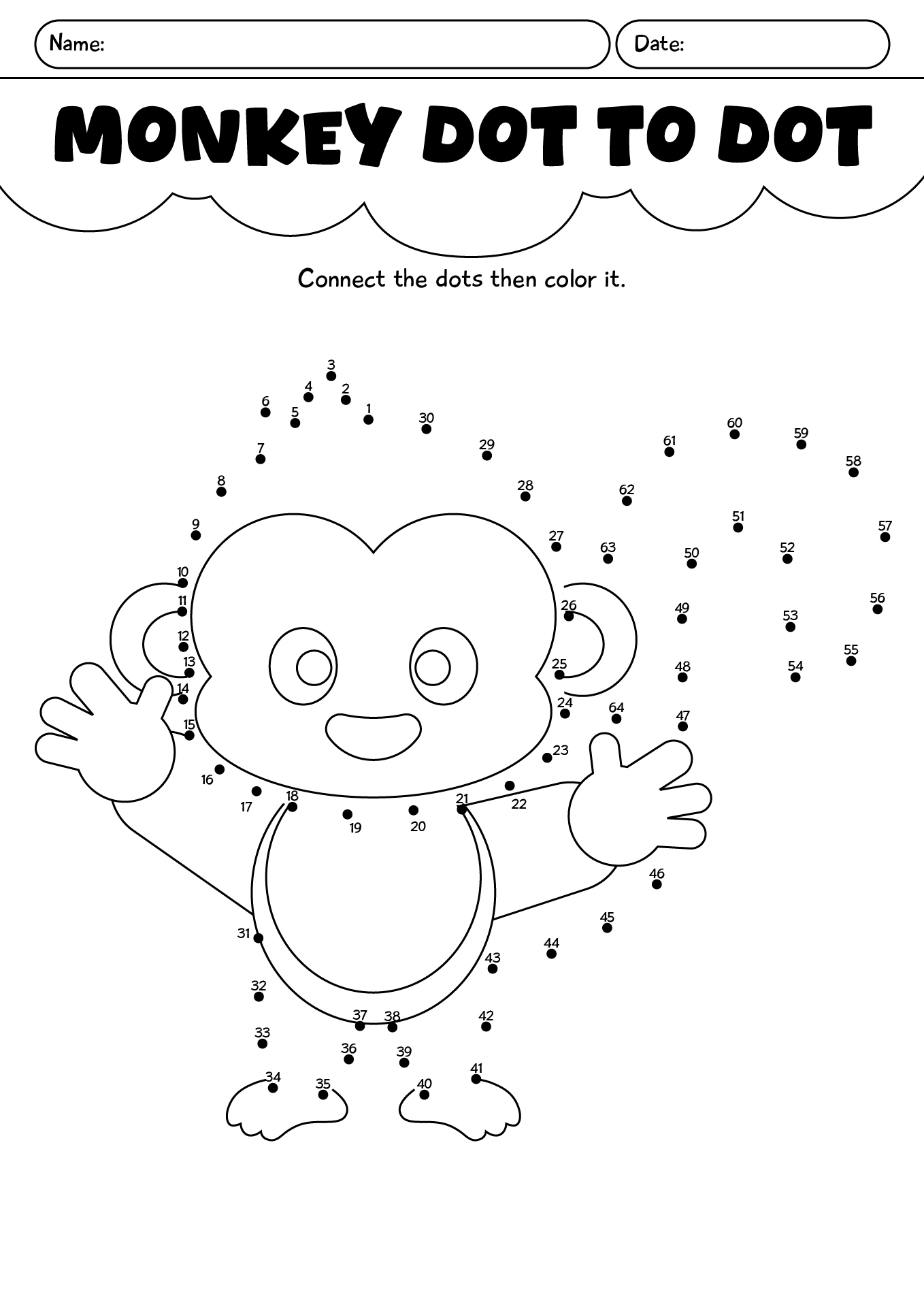 Monkey Dot To Dot Worksheet For Kids