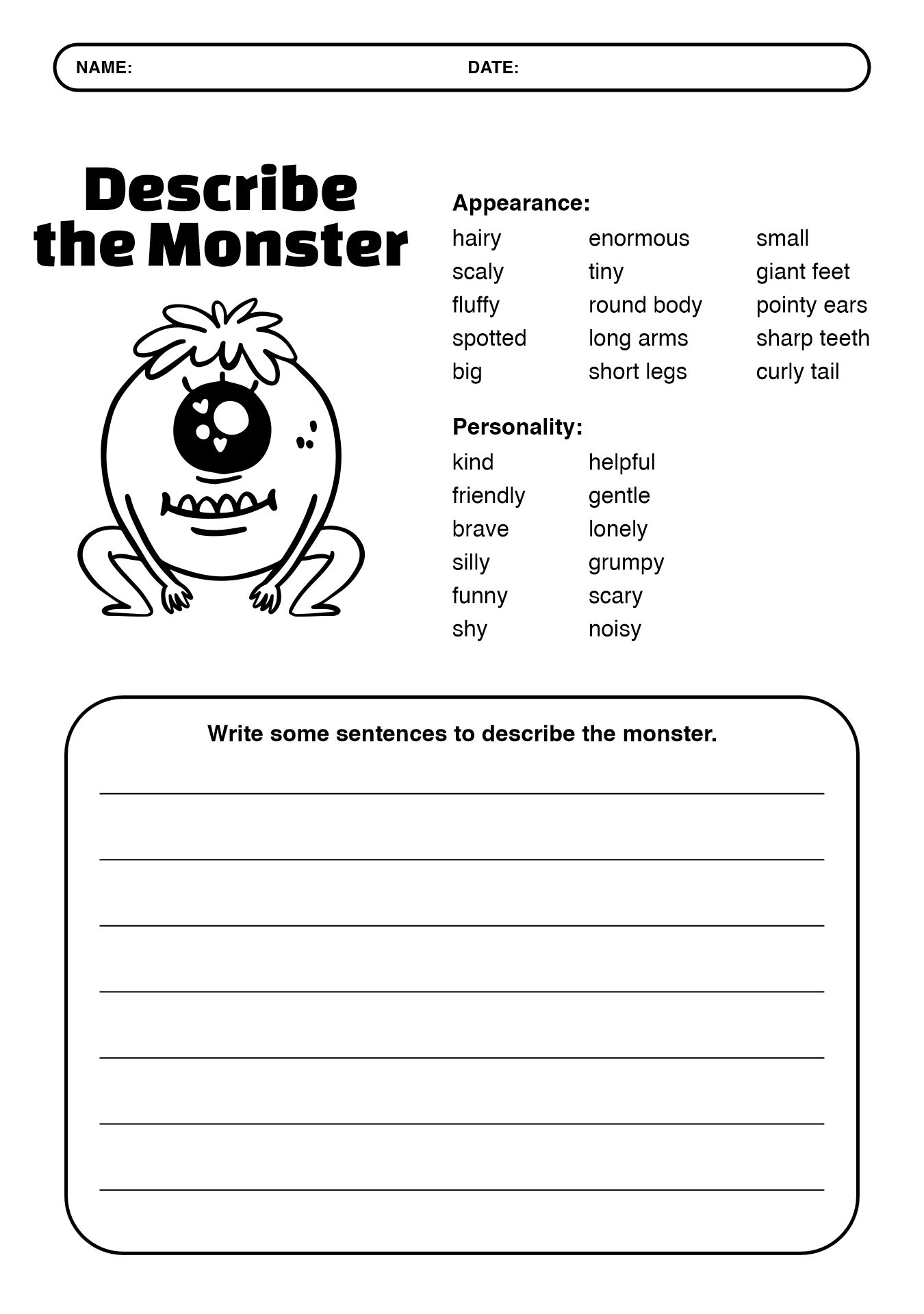 Monster Character Analysis Worksheets for 2nd Grade