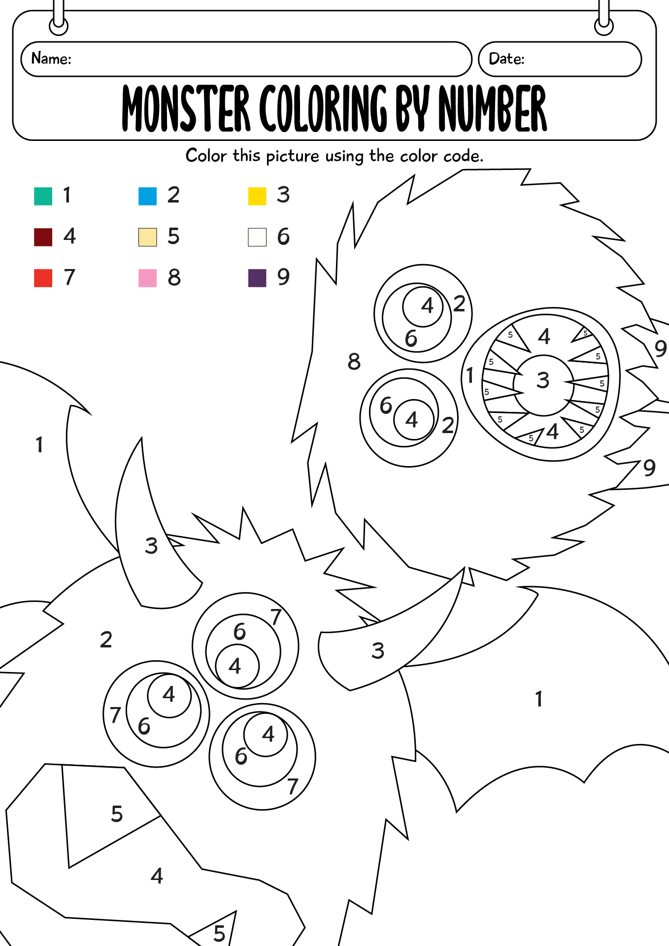 Monster Coloring By Number Worksheet