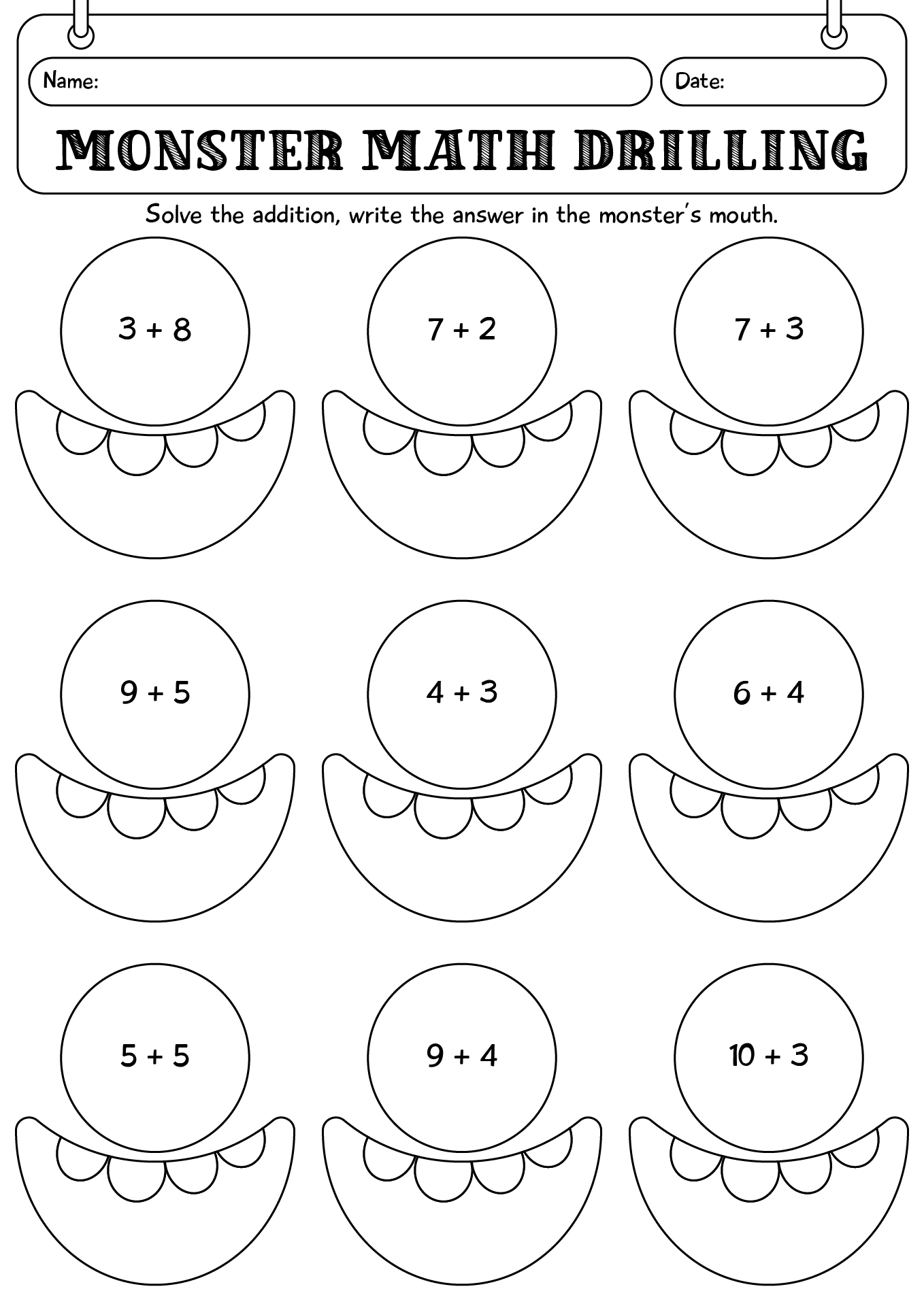 Monster Math Drilling Worksheet