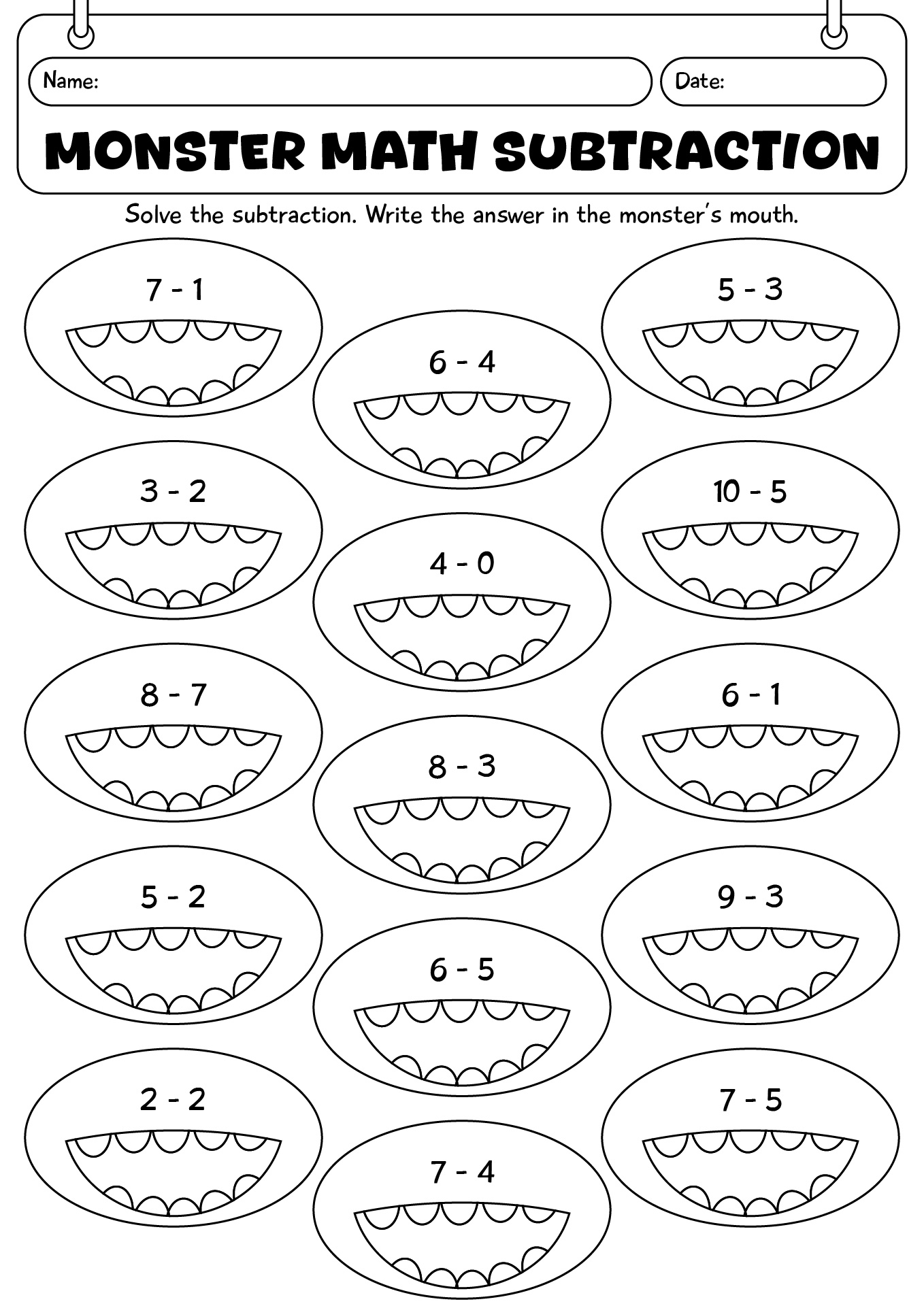 Monster Math Subtraction Math Worksheet