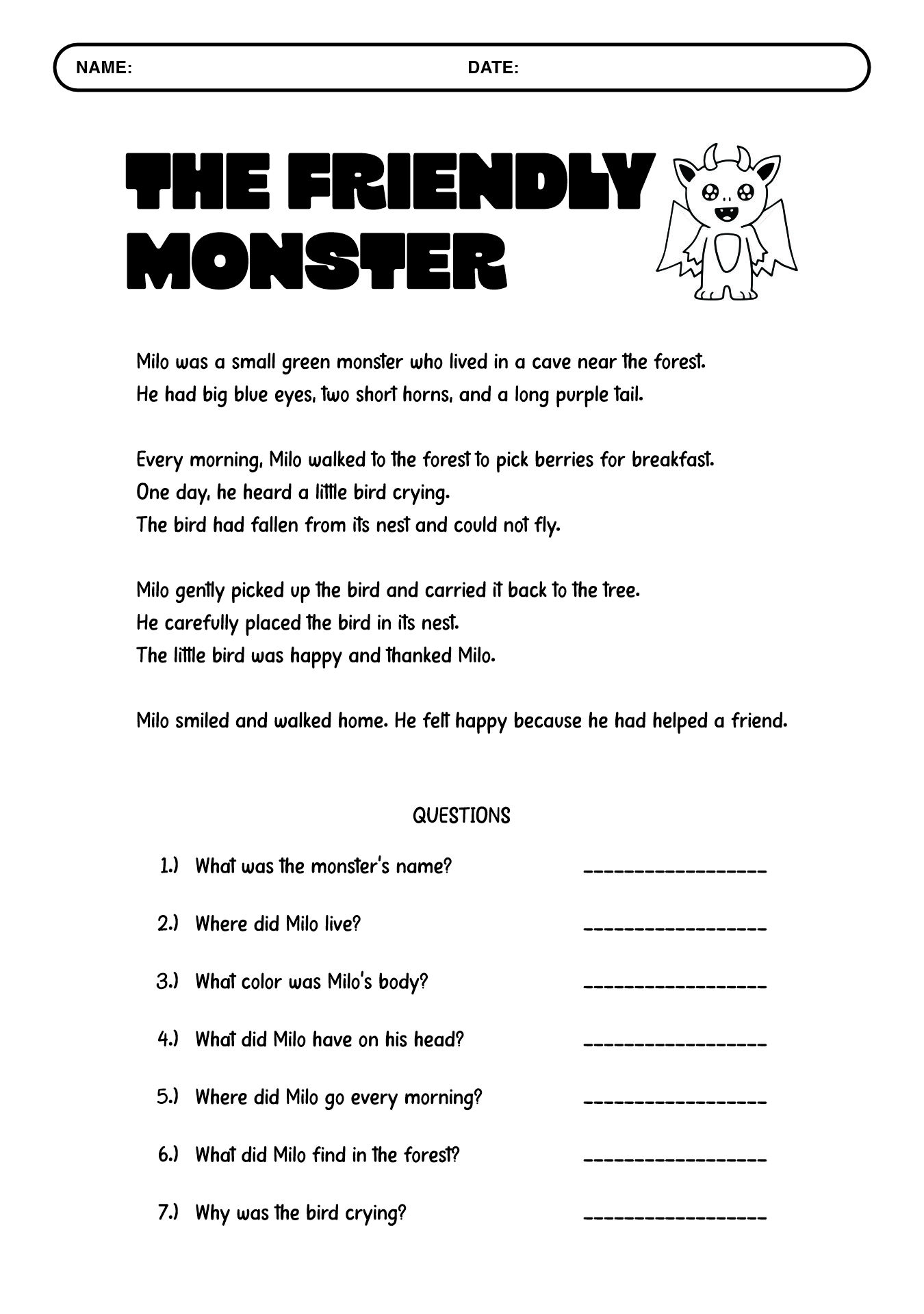 Monster Reading Comprehension Sheets for 2nd Graders