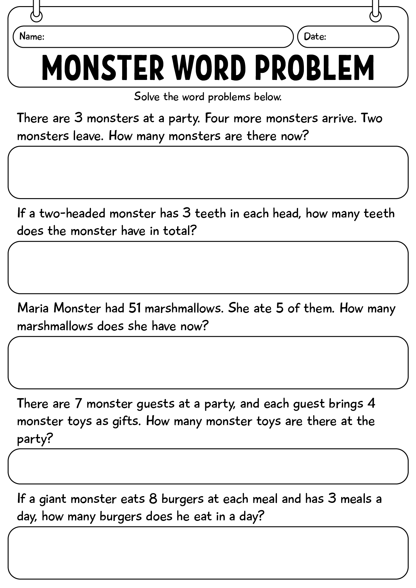 Monster Word Problem Math Worksheet