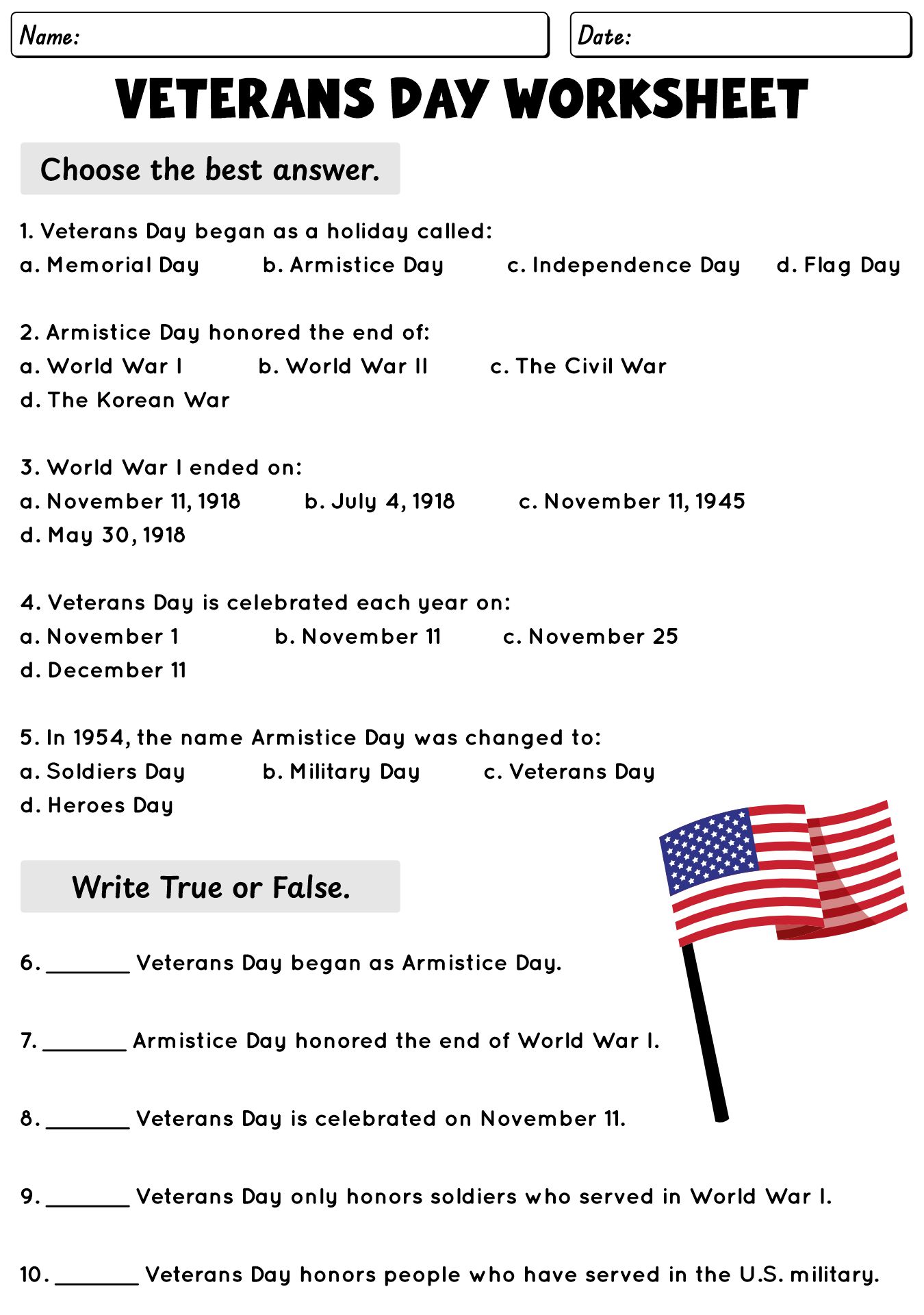 Origin Of Veterans Day Worksheet