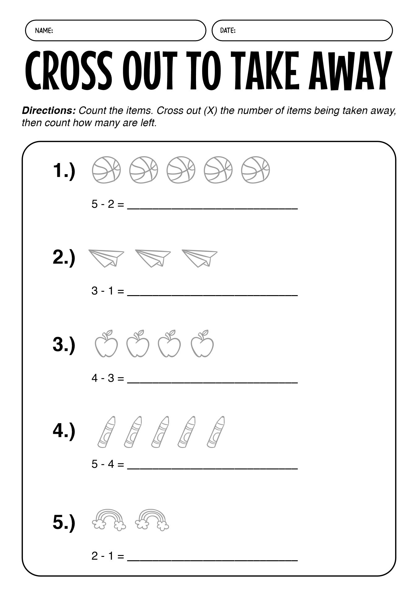 Pre-K Subtraction Basics Worksheets