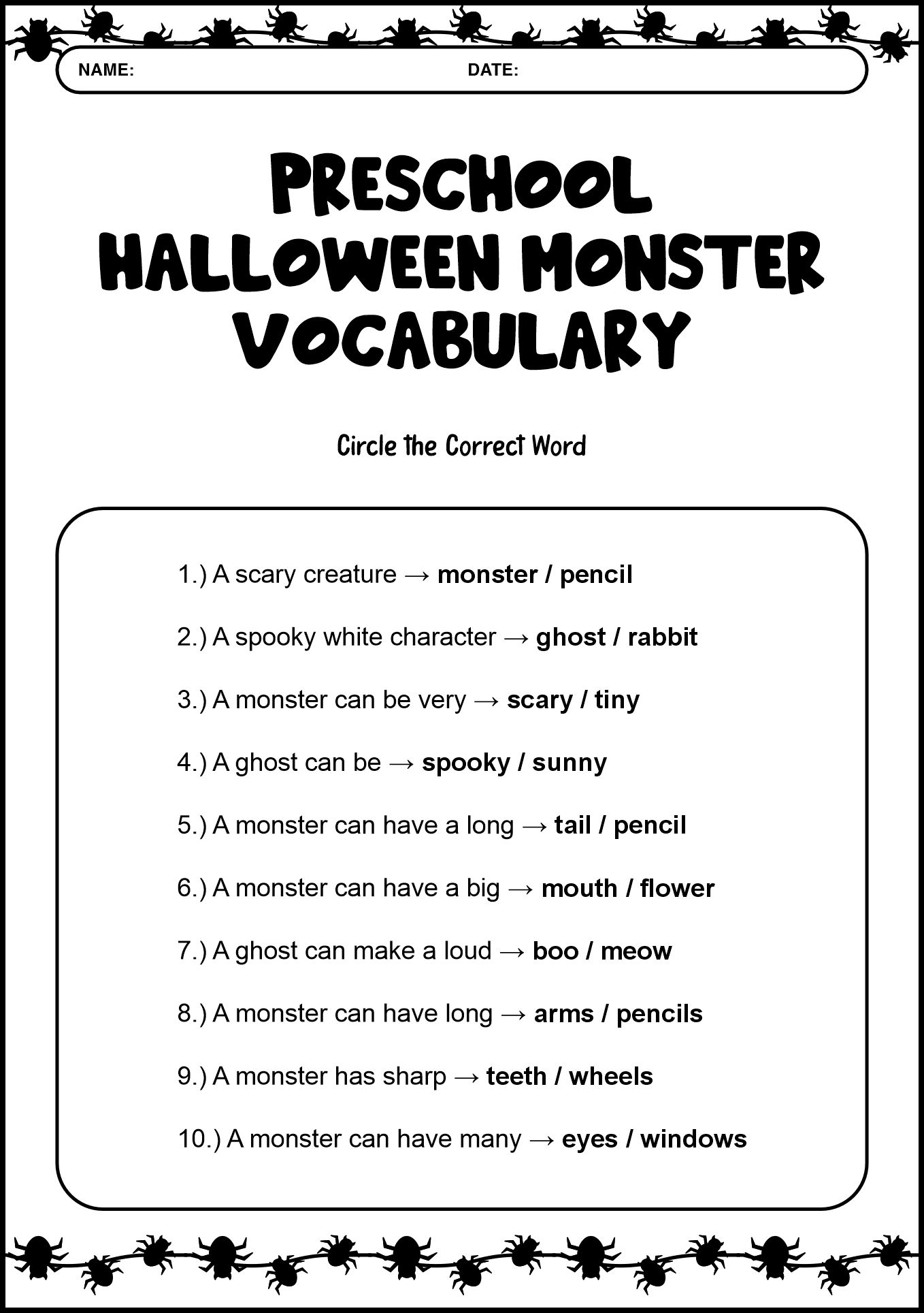 Preschool Halloween Monster Vocabulary Worksheets