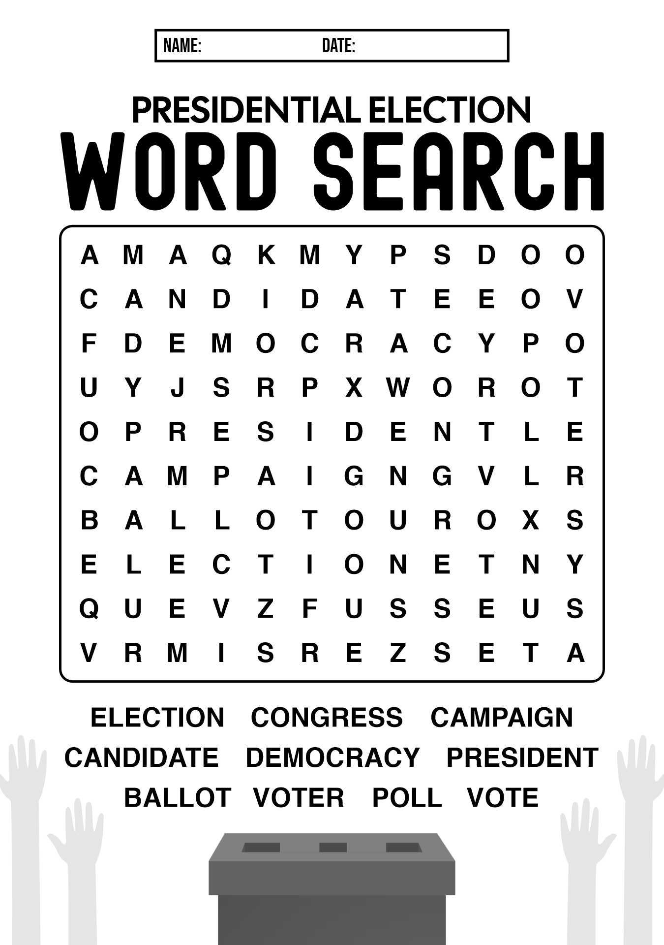 Presidential Election Word Search Worksheet