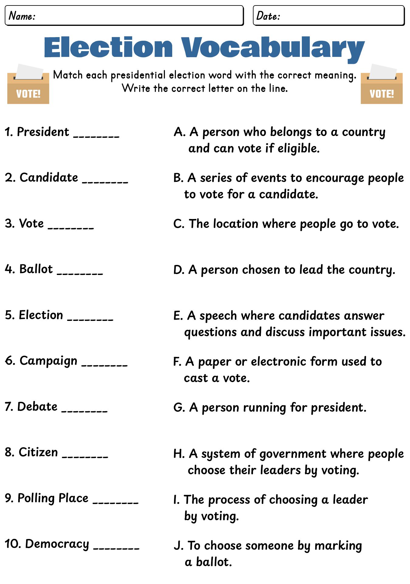 Presidential Election Words Matching Worksheet
