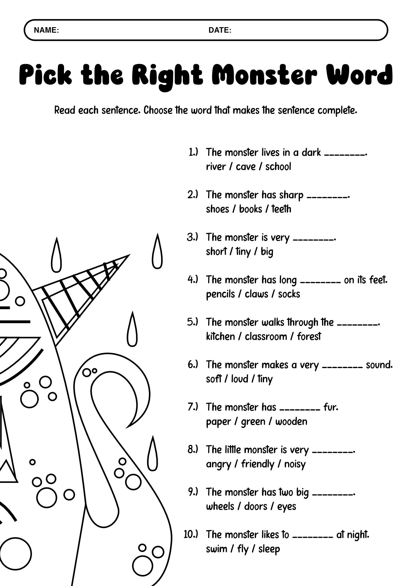 Printable Monster Reading Games for Grade 2