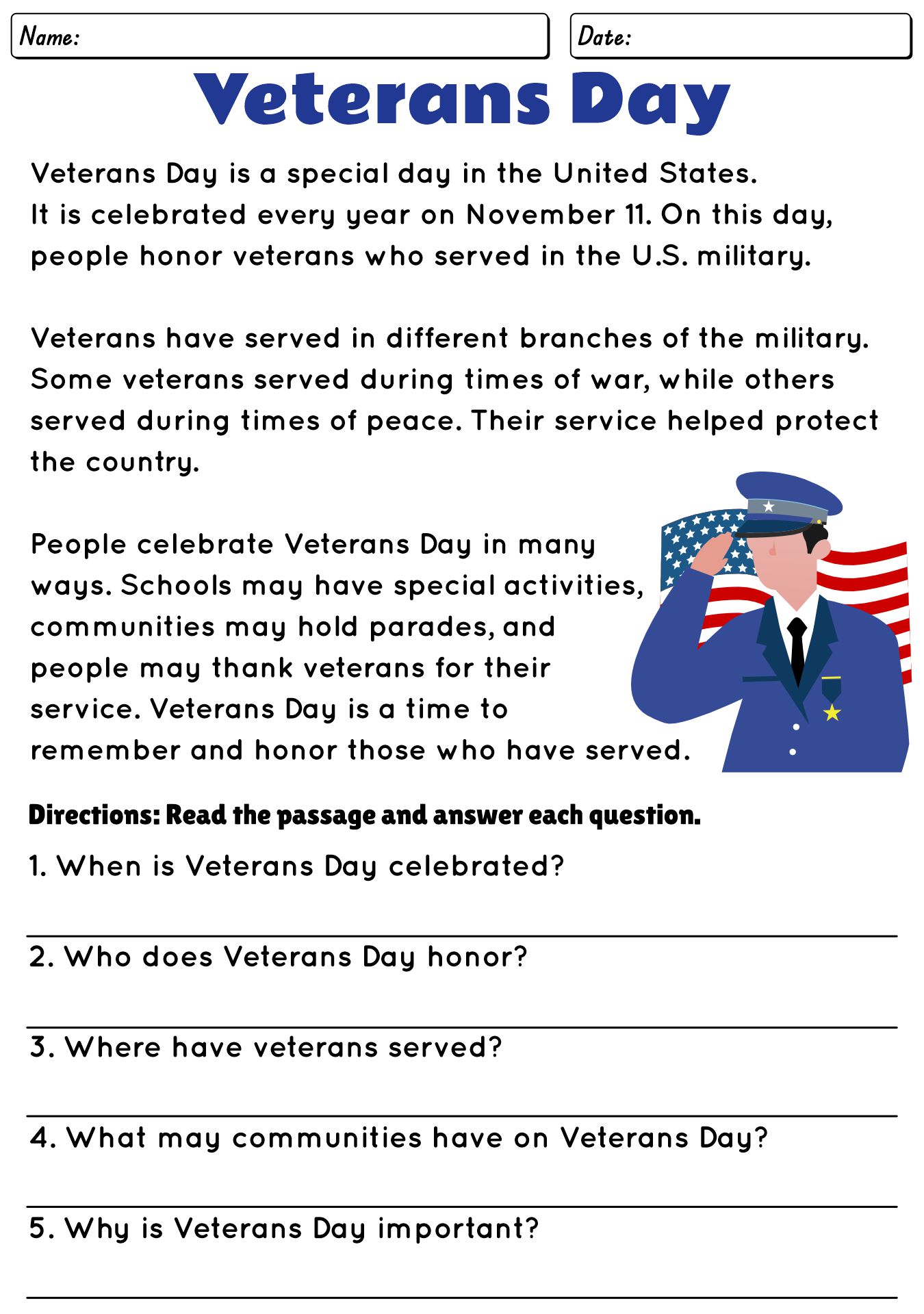 Printable Veterans Day Reading Activities for Students