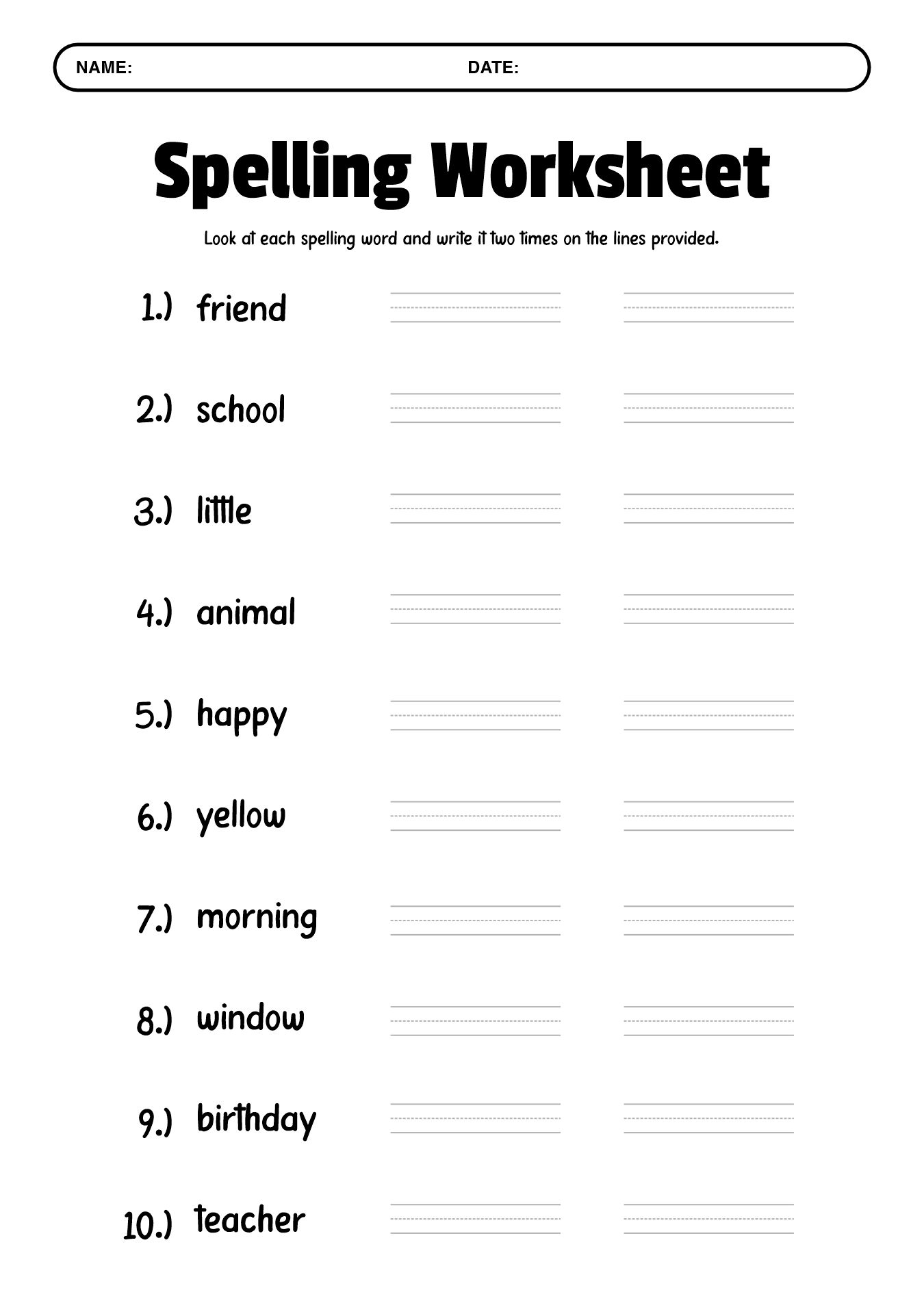 Printable Worksheets for 2nd Grade Spelling Practice