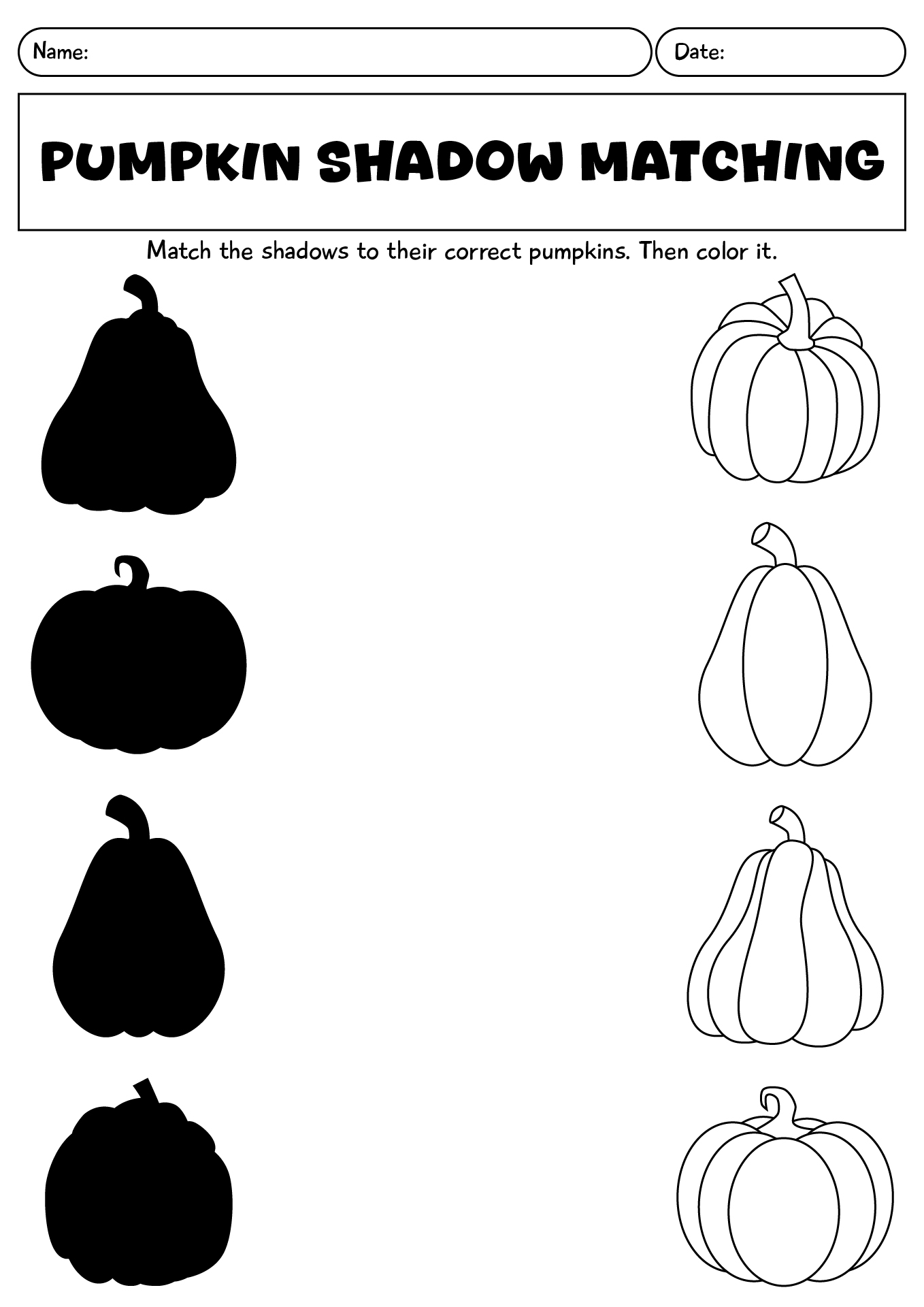 Pumpkin Shapes Shadow Matching Worksheet