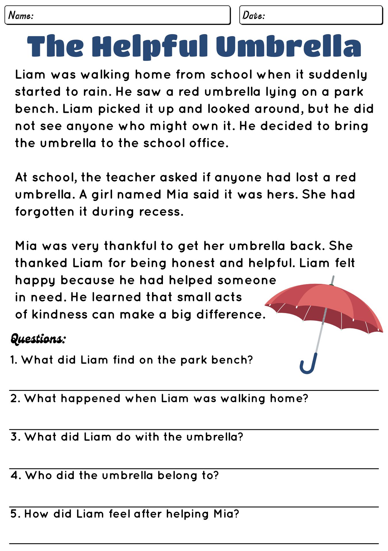 Reading Comprehension Worksheet For 3rd Grade Students