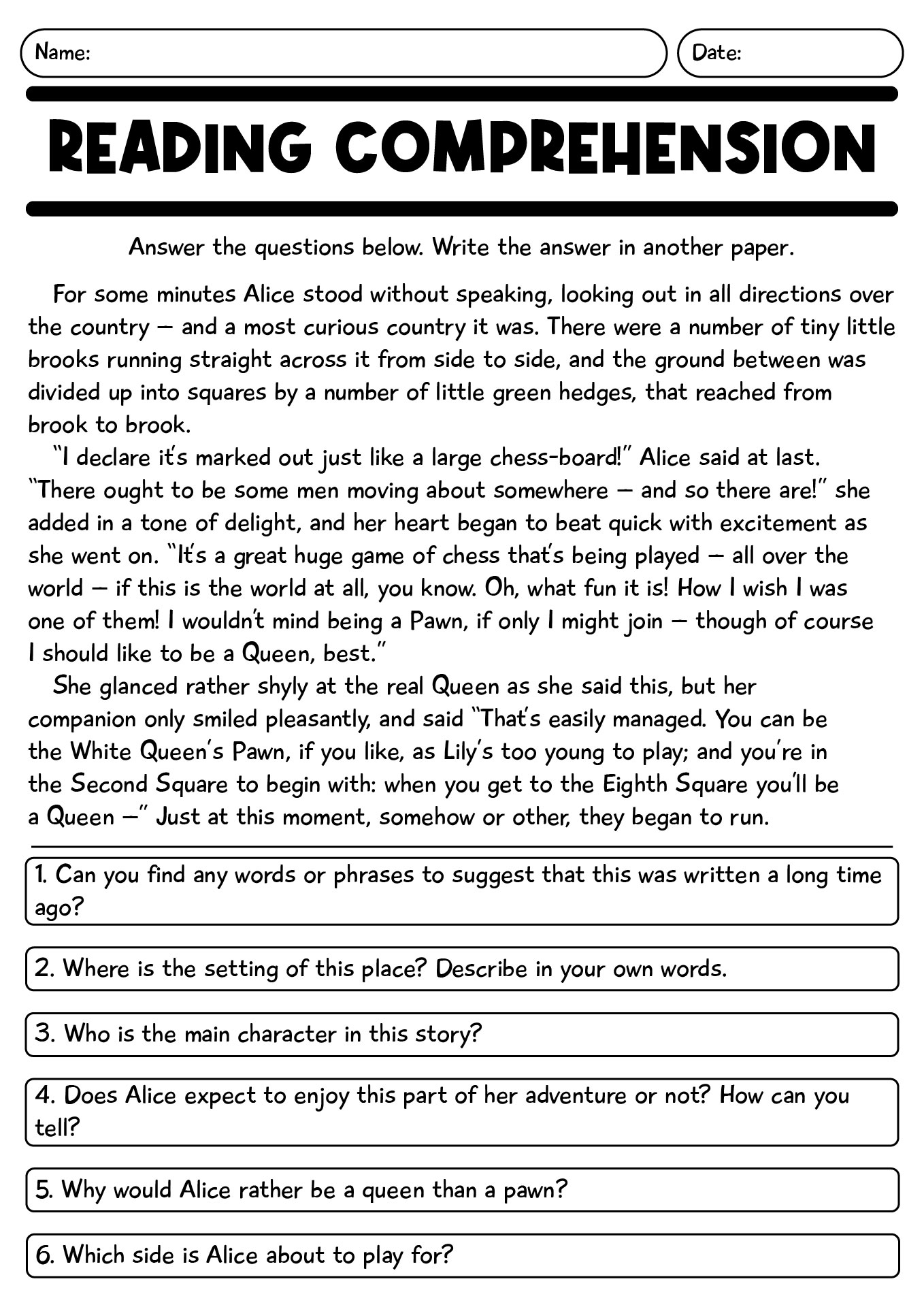 Reading Comprehension Worksheet For 4th Grade