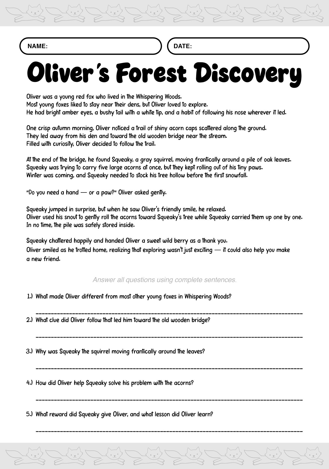 Reading Worksheet for Third Graders