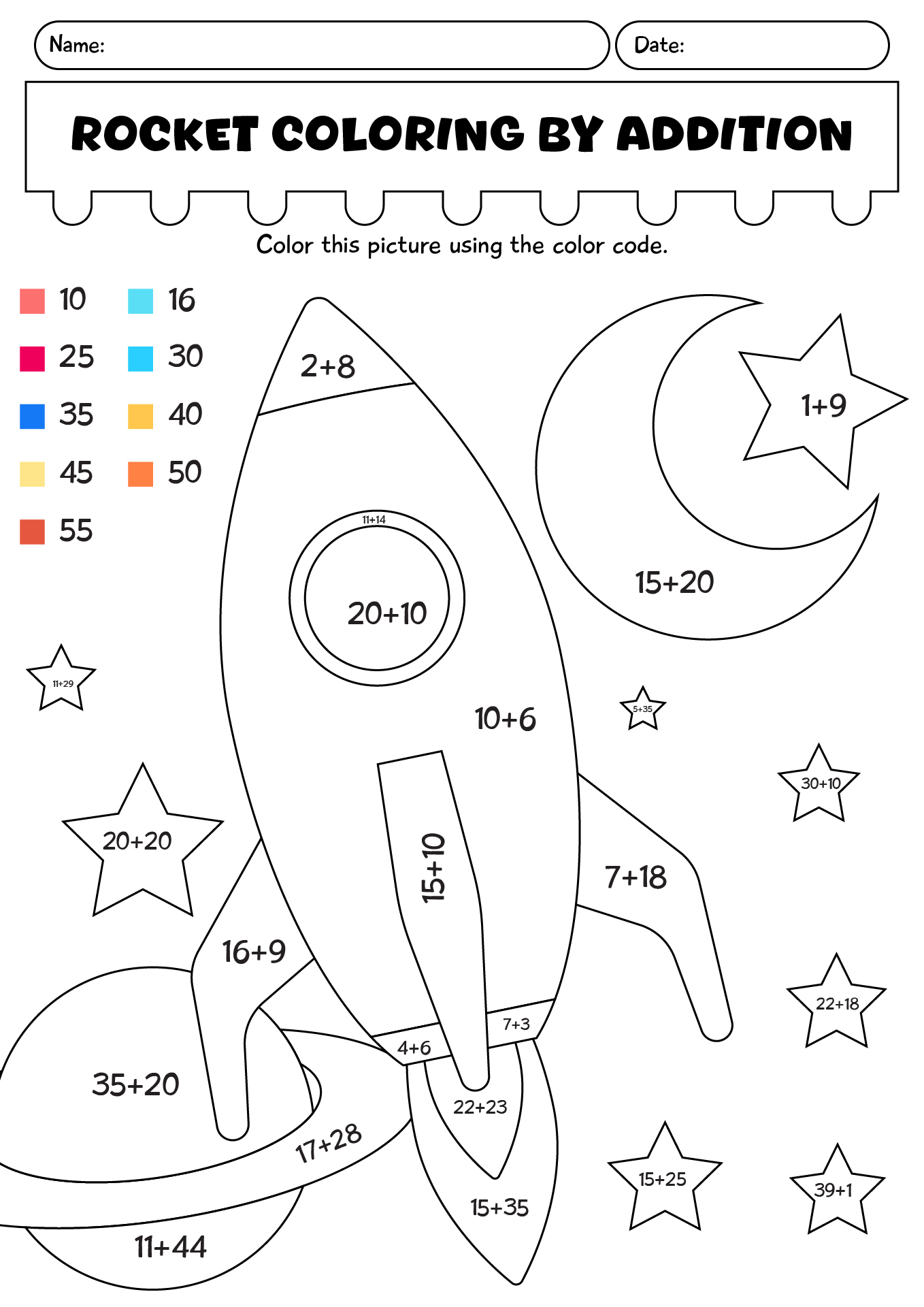 Rocket Coloring By Addition Worksheet