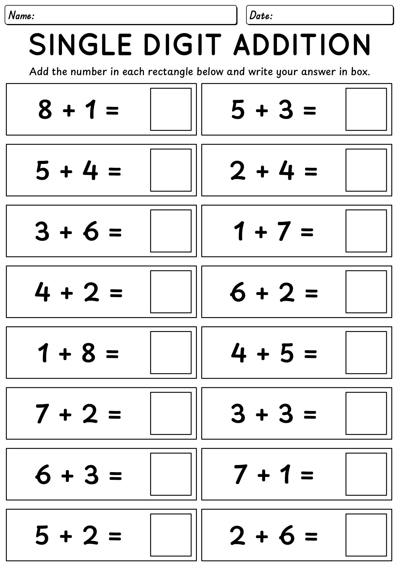Single Digit Addition Worksheets