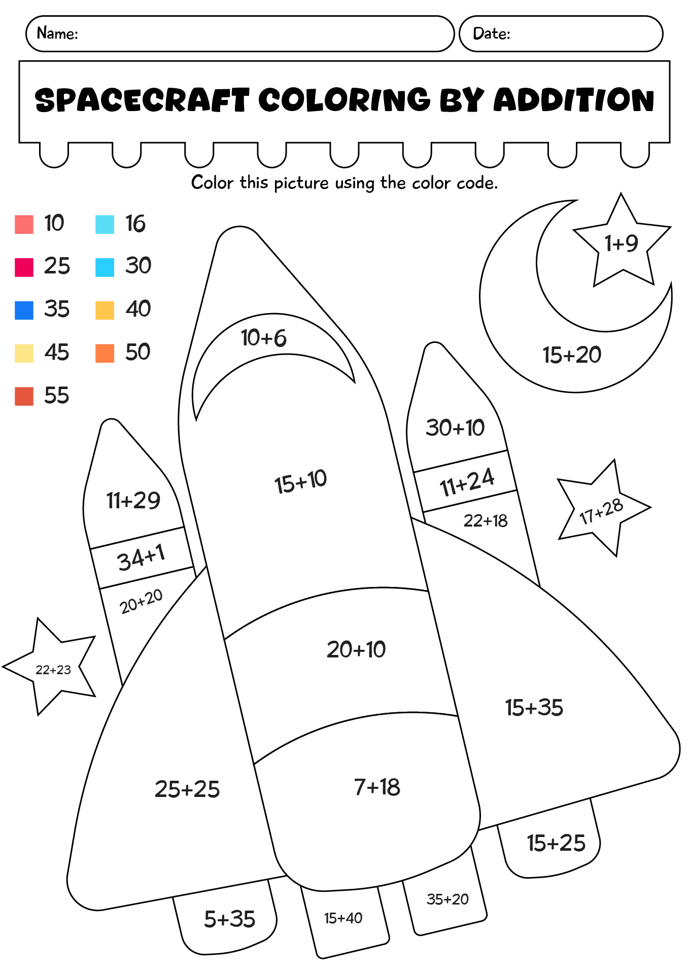 Spacecraft Coloring By Addition Worksheet