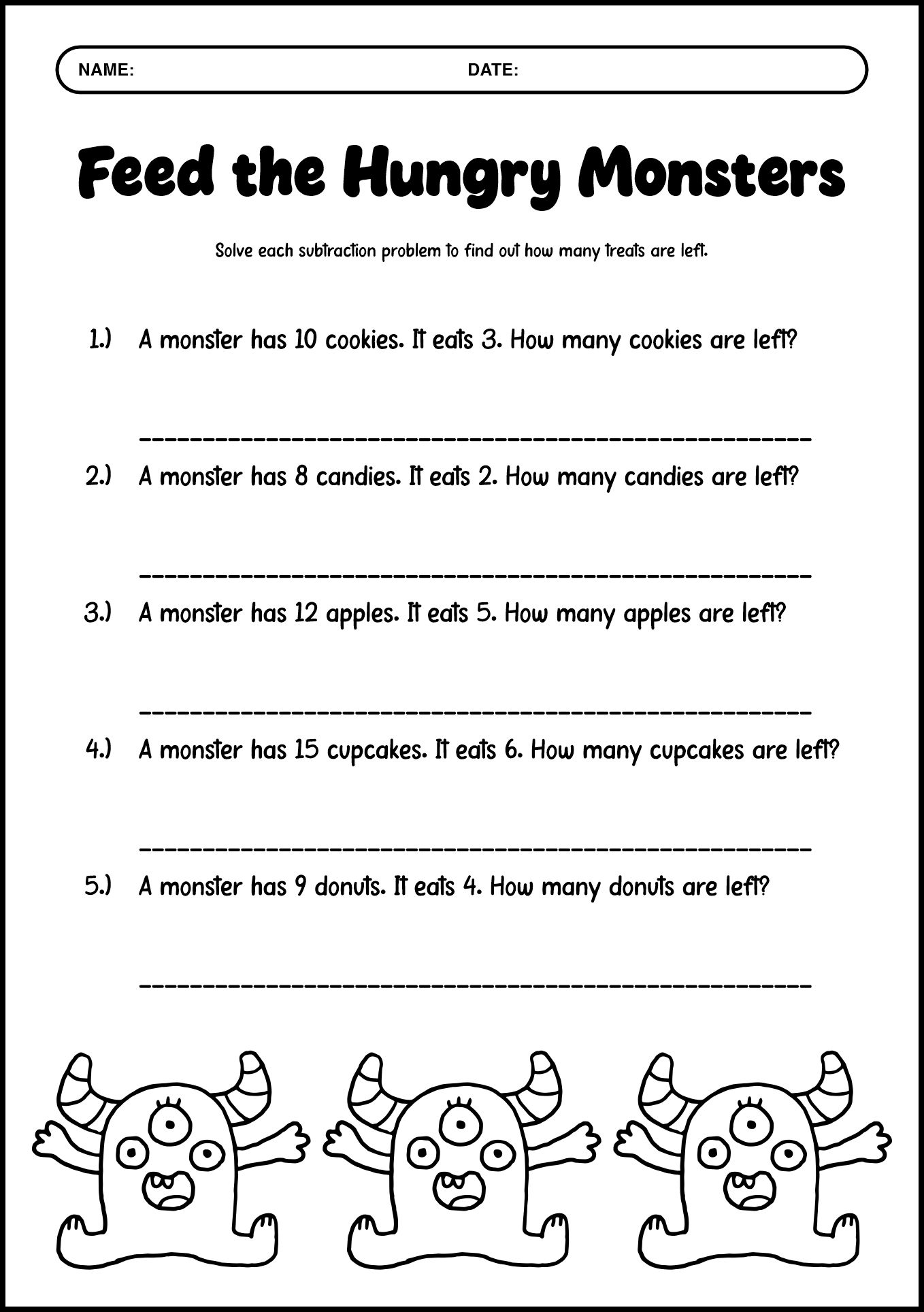 Subtraction Monster Math Sheets for 1st Graders