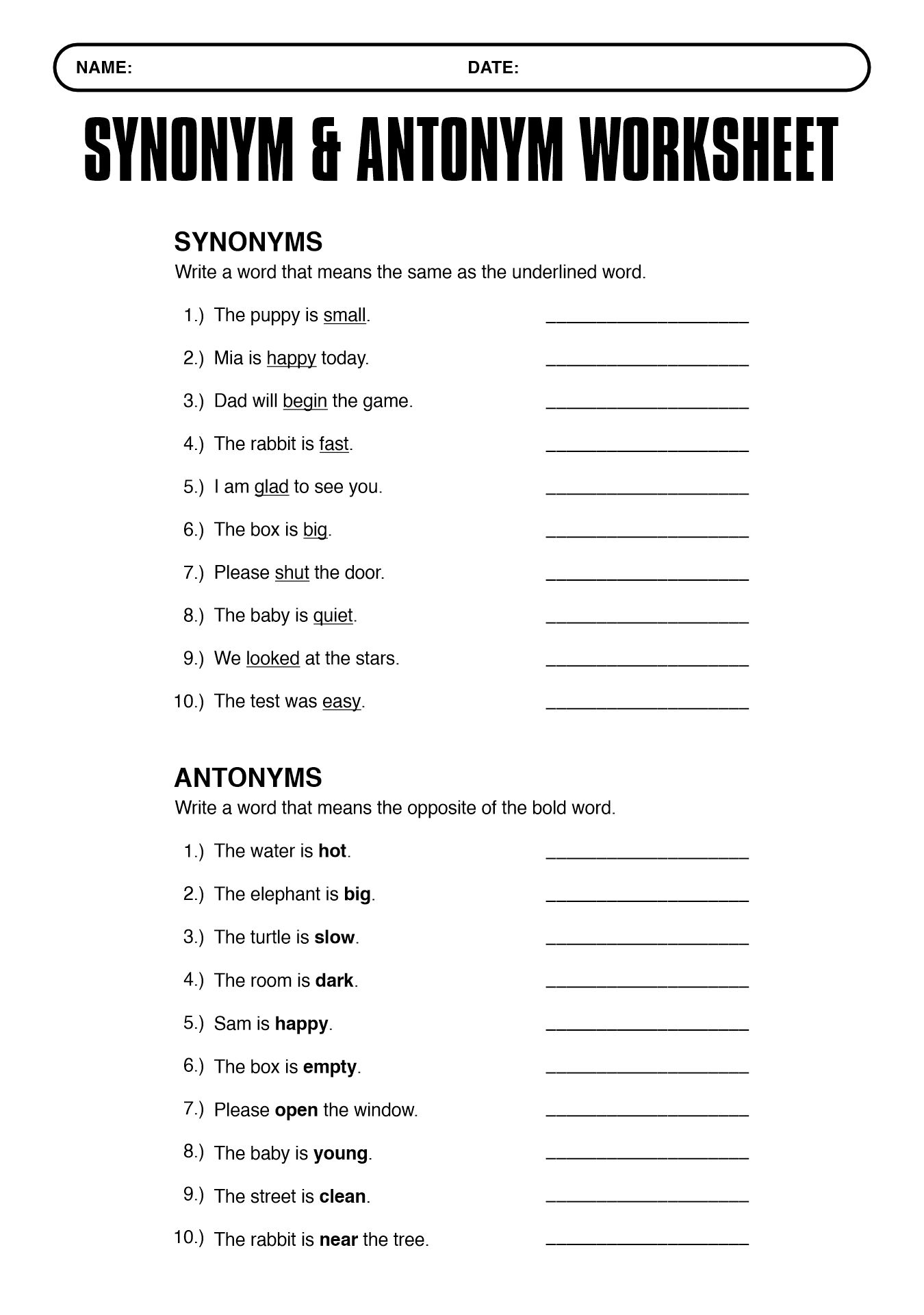 Synonym and Antonym Worksheet for 2nd Grade Students