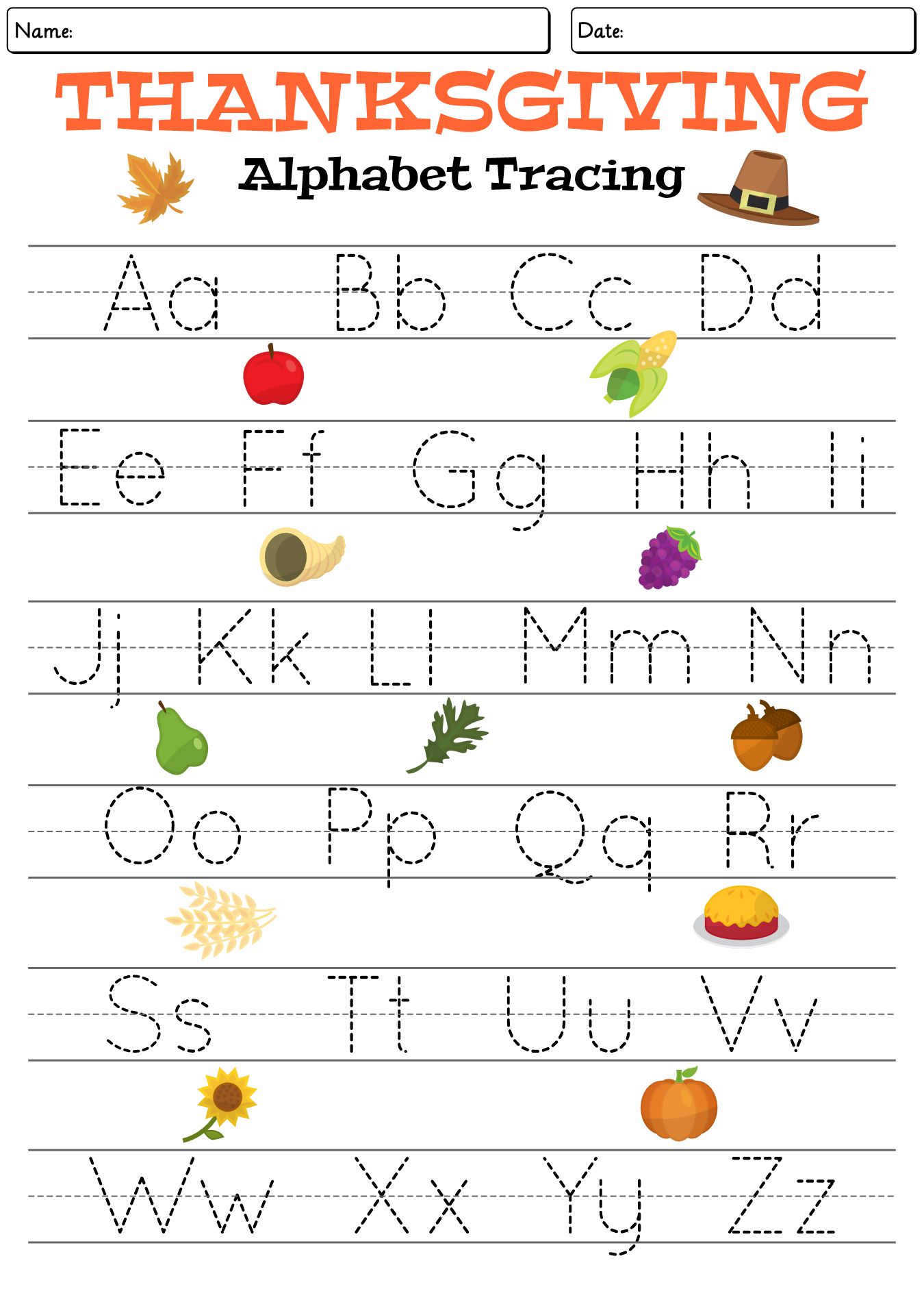 Thanksgiving Alphabet Tracing Worksheets for Preschoolers