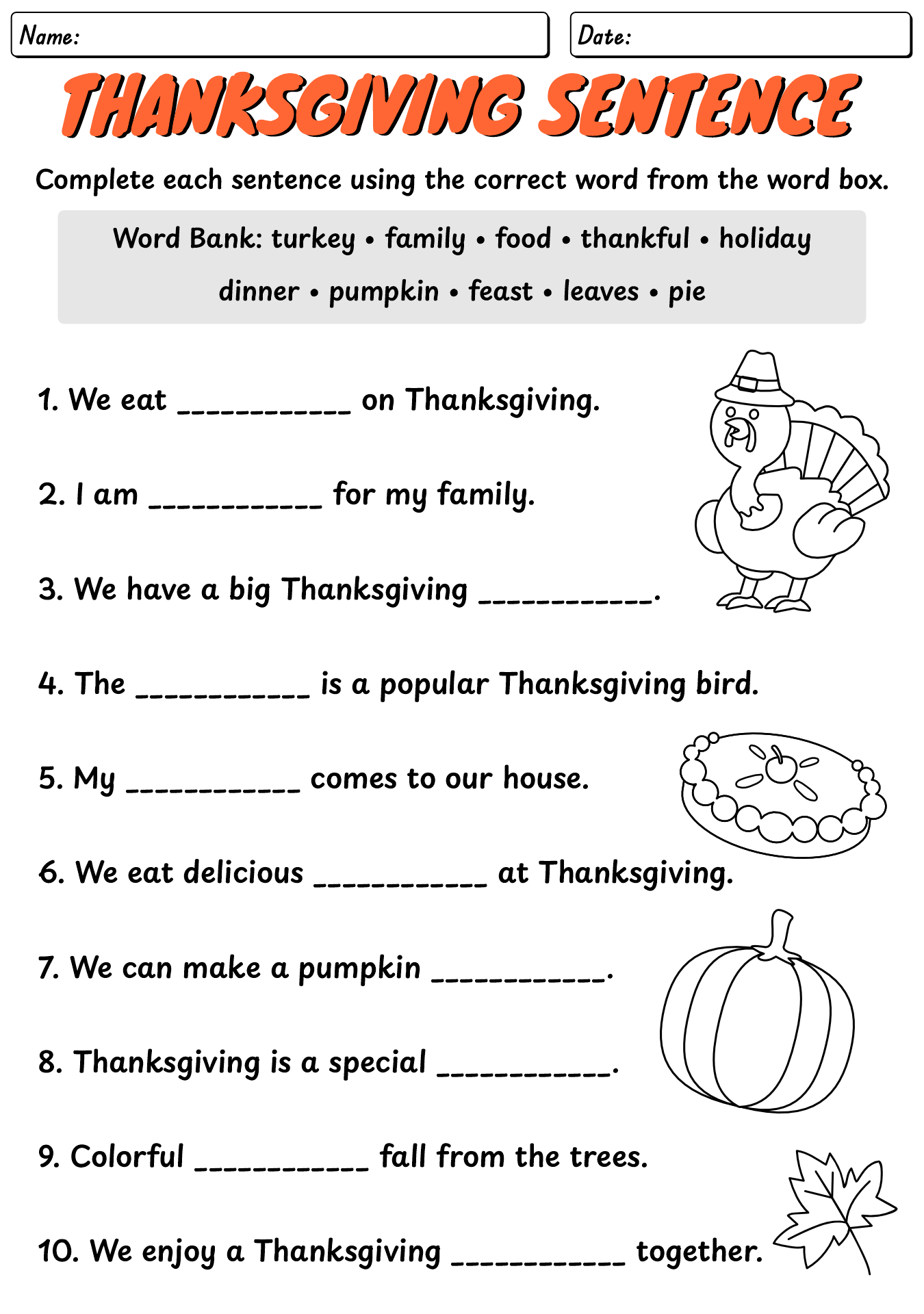 Thanksgiving Complete The Sentence Worksheet