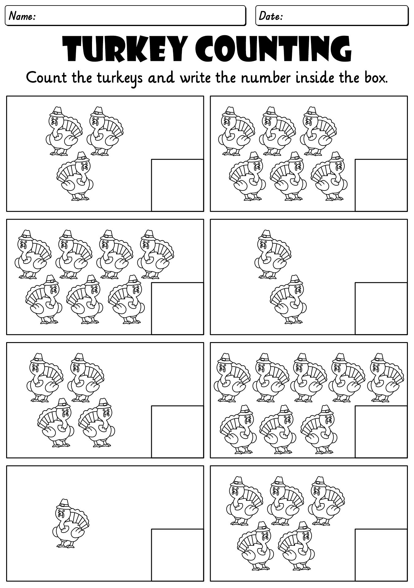 Thanksgiving Counting Worksheets for Preschool