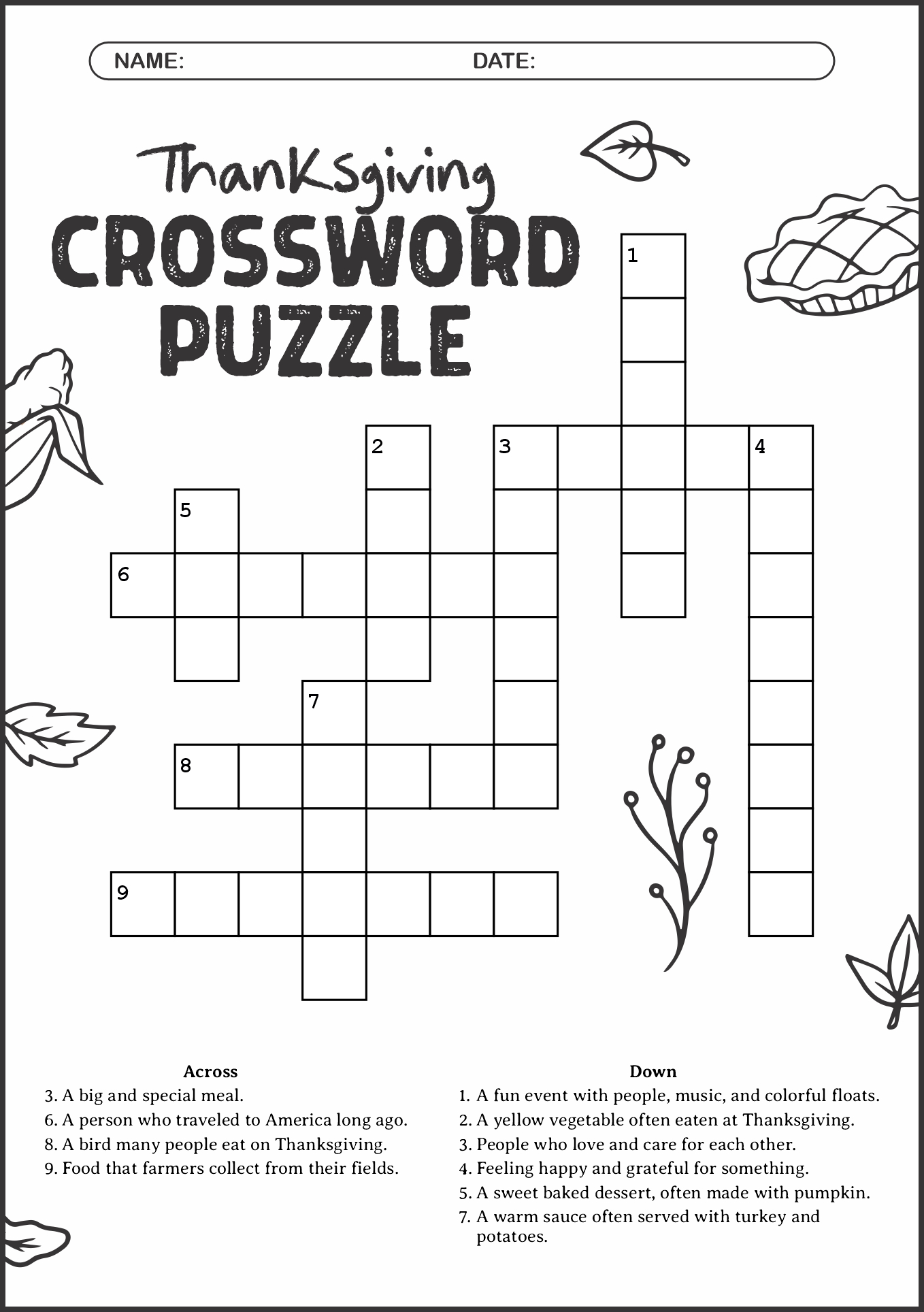 Thanksgiving Crossword Puzzles for First Graders
